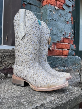 Sweat Wicking Corral Women's White Glitter Overlay & Embroidered Square Toe Cowgirl Boots C4059