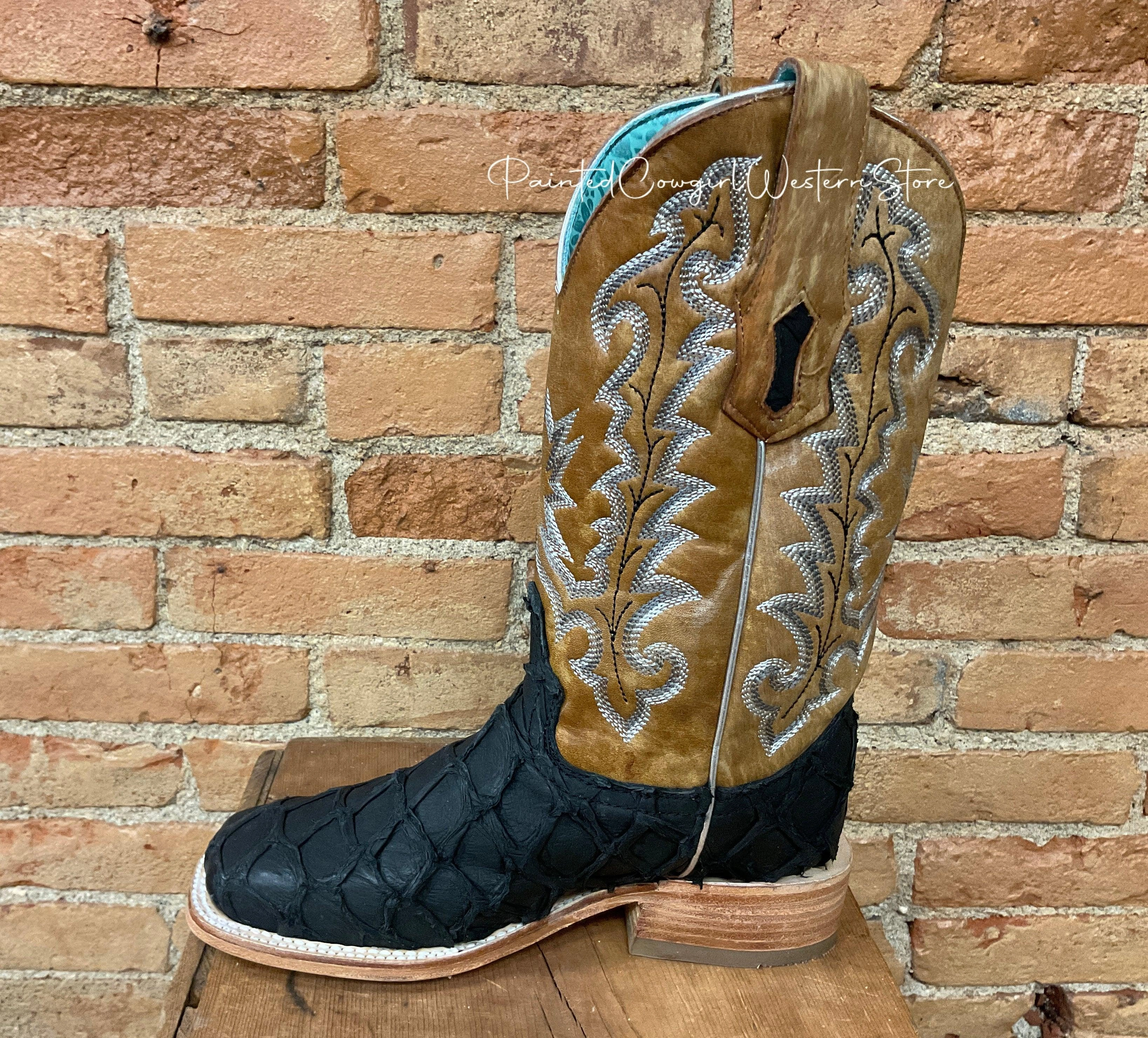Corral Womens Black Big Bass Pirarucu with Golden Sand Top Square Toe Boots A4204 Quick Comfort