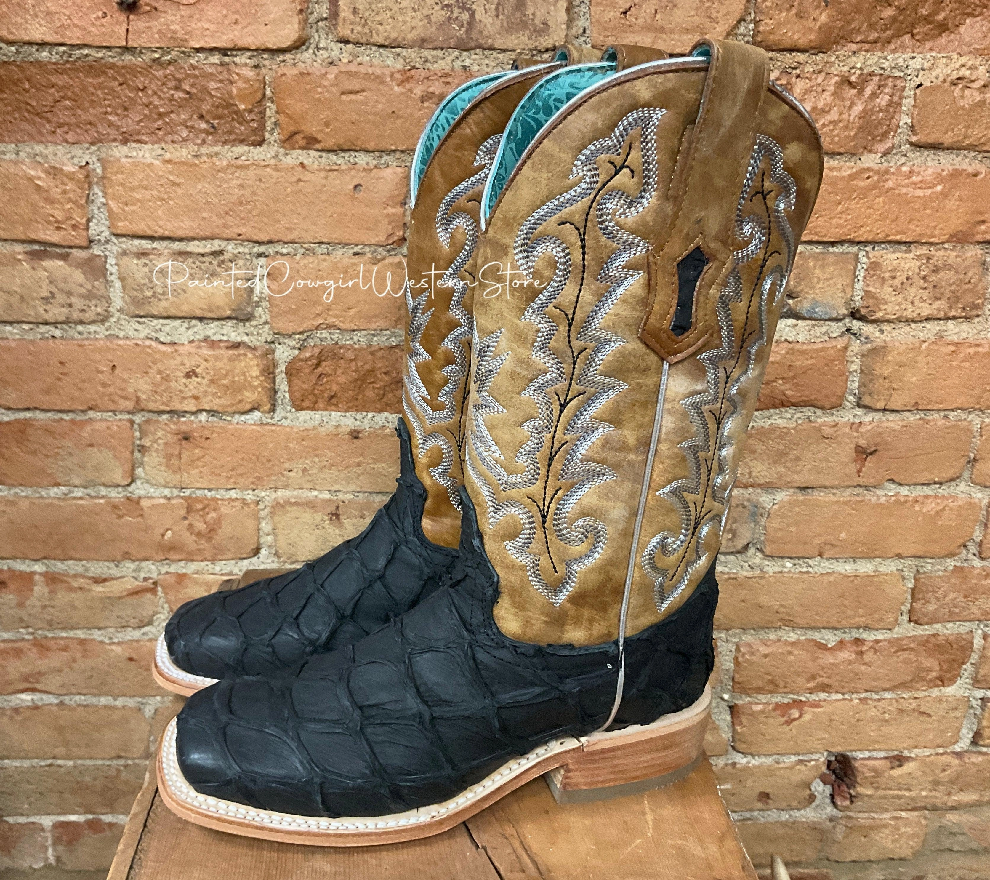 Corral Womens Black Big Bass Pirarucu with Golden Sand Top Square Toe Boots A4204 Shock   Absorbing Midsole