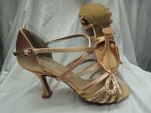 2.5" Hope -- Flare Heel Latin Sandal with Rhinestones -- Tan Satin Dark Edge