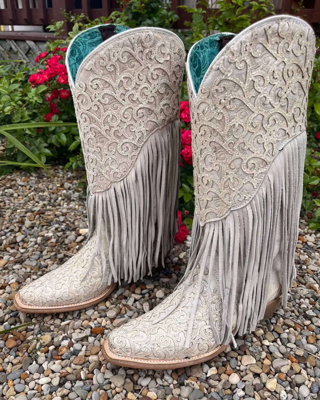 Corral Women's White Fringed w/Tooled Overlay Glitter Fashion Cowgirl Boots C3955 Silver Glow Leopard Tone