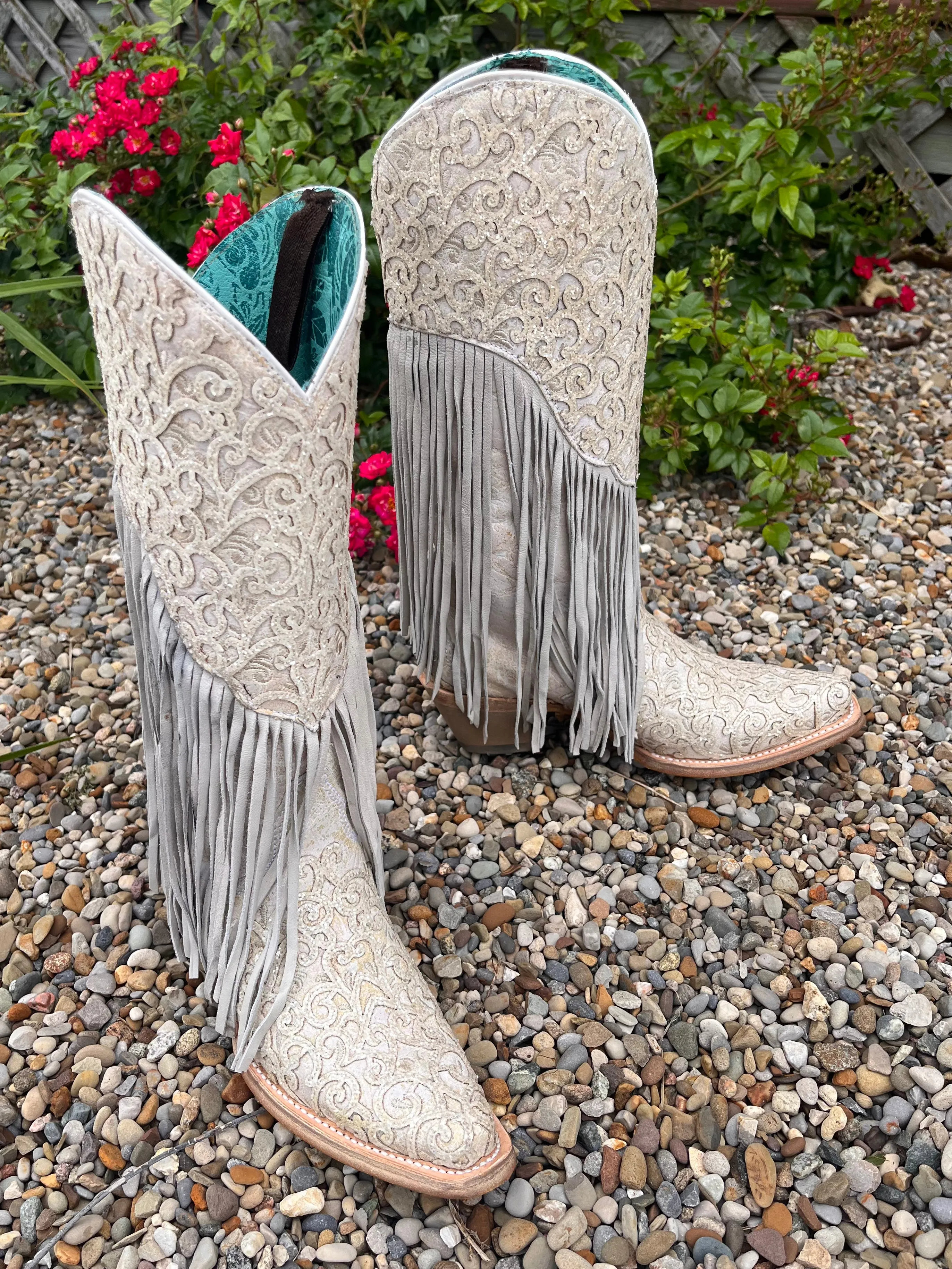 Corral Women's White Fringed w/Tooled Overlay Glitter Fashion Cowgirl Boots C3955 Side Zip