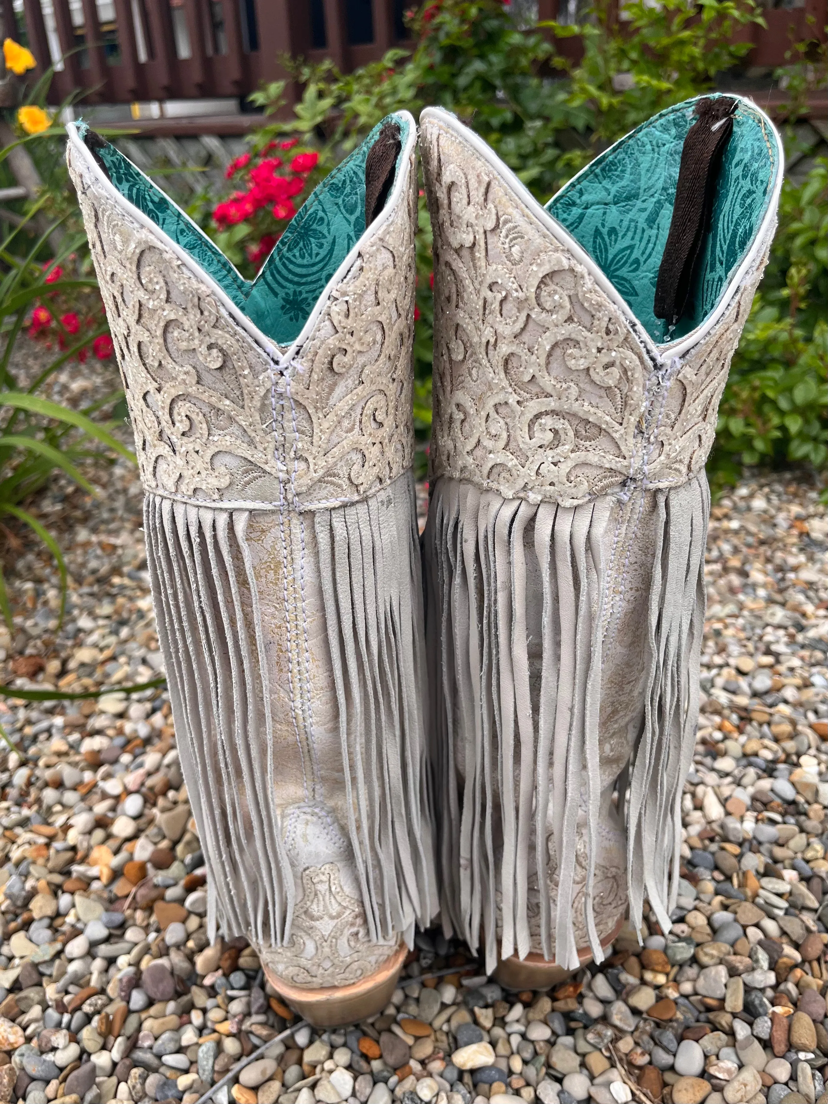 Corral Women's White Fringed w/Tooled Overlay Glitter Fashion Cowgirl Boots C3955 Multi-Purpose MemoryFoam