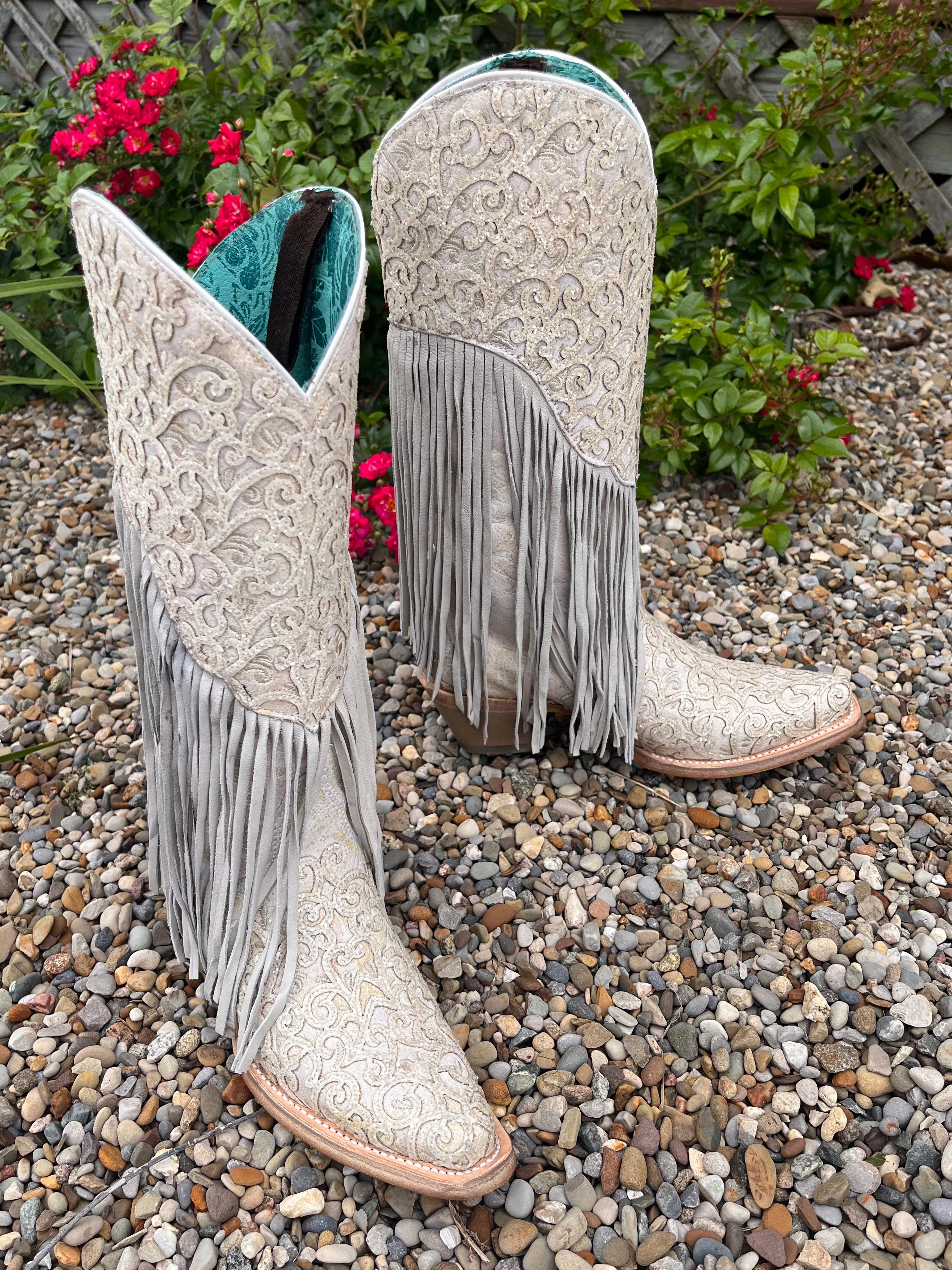 Corral Women's White Fringed w/Tooled Overlay Glitter Fashion Cowgirl Boots C3955 Side Zip