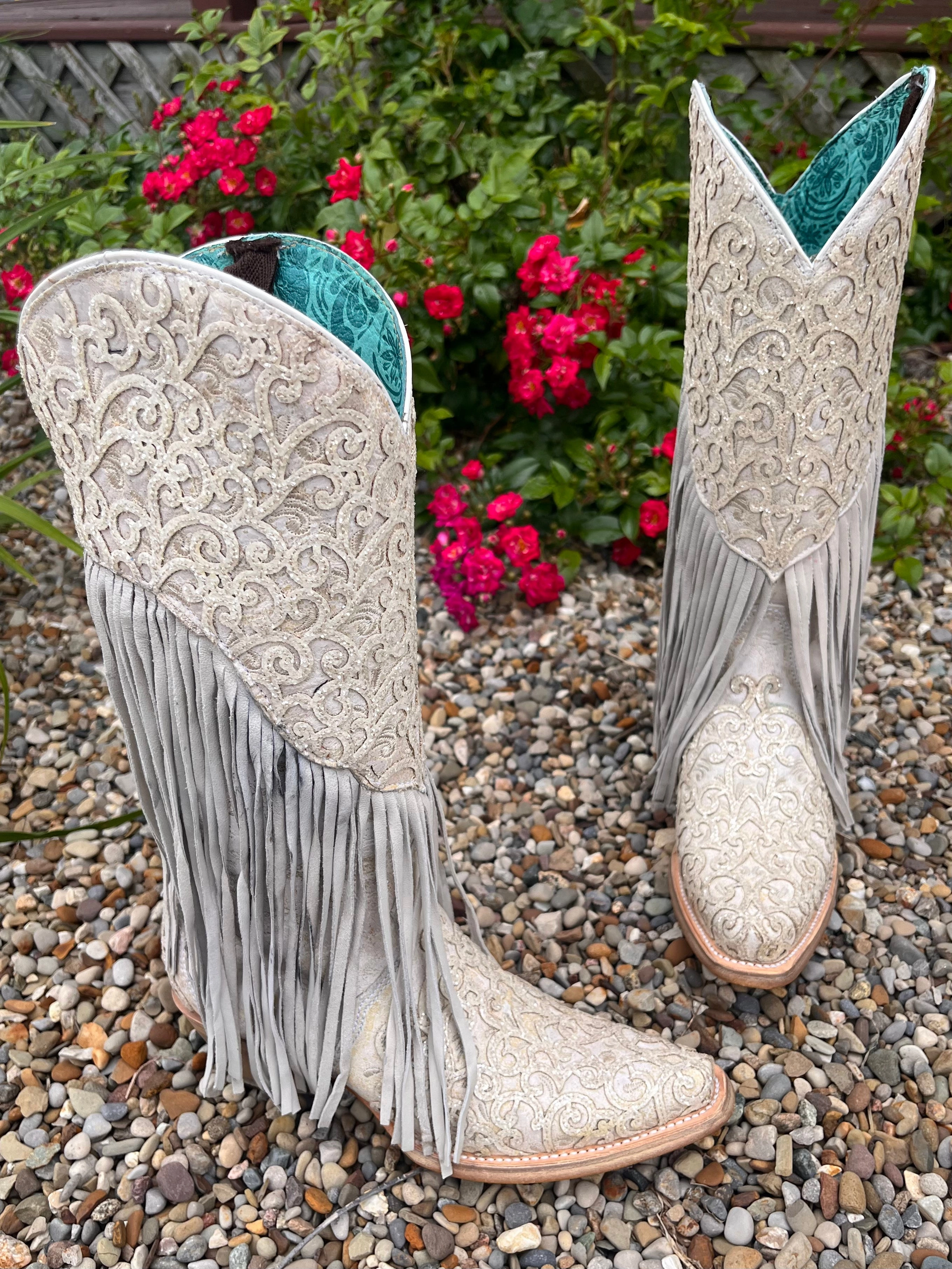 Corral Women's White Fringed w/Tooled Overlay Glitter Fashion Cowgirl Boots C3955 Ultra Comfort Bold Red
