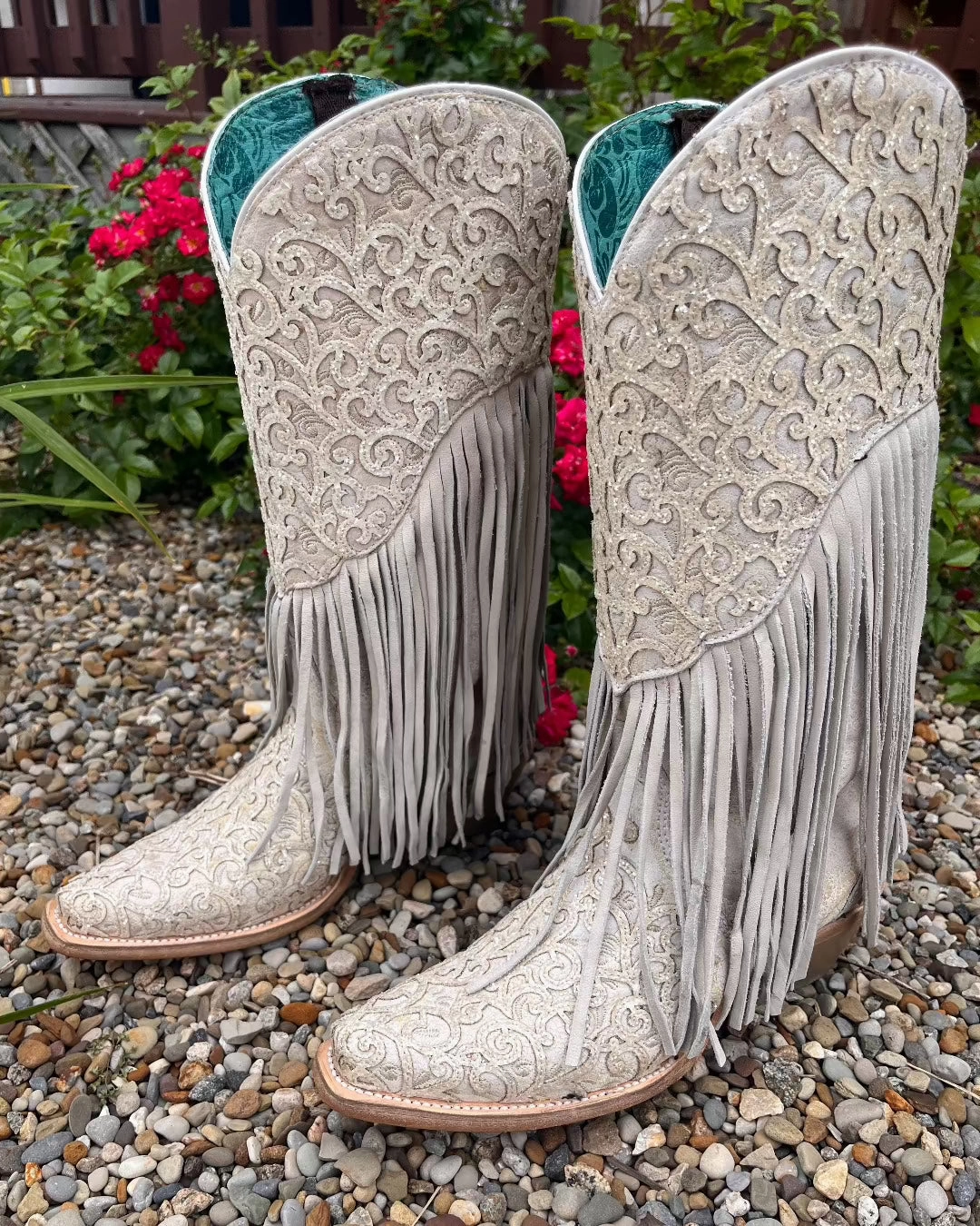 Corral Women's White Fringed w/Tooled Overlay Glitter Fashion Cowgirl Boots C3955 Silver Glow Leopard Tone