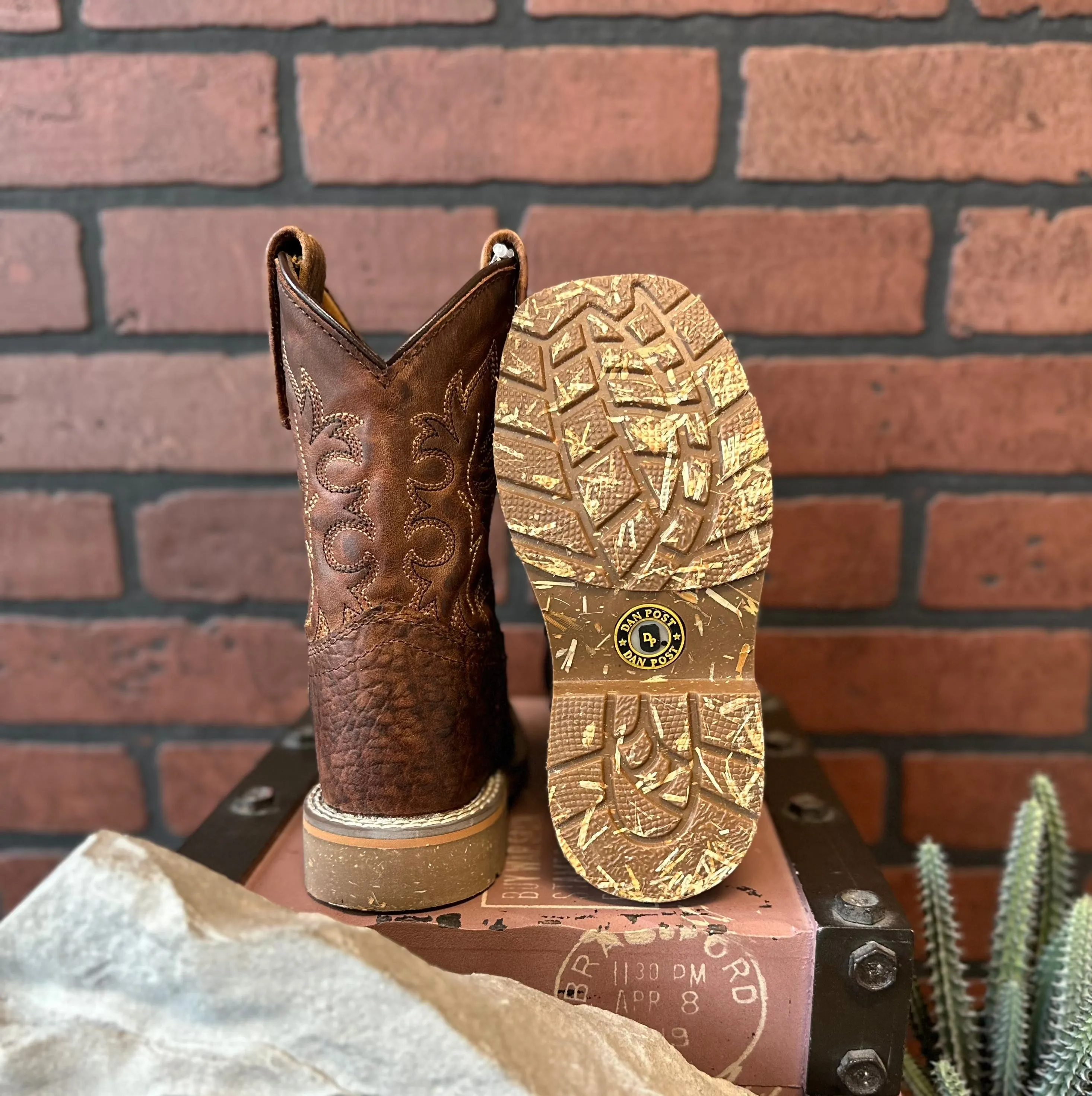 Dan Post Children/Youth Boy's Rust Brown Leather Square Toe Durant JR Western Cowboy Boot DPC2926 DPC3926 Slip   On Style Toe Protection