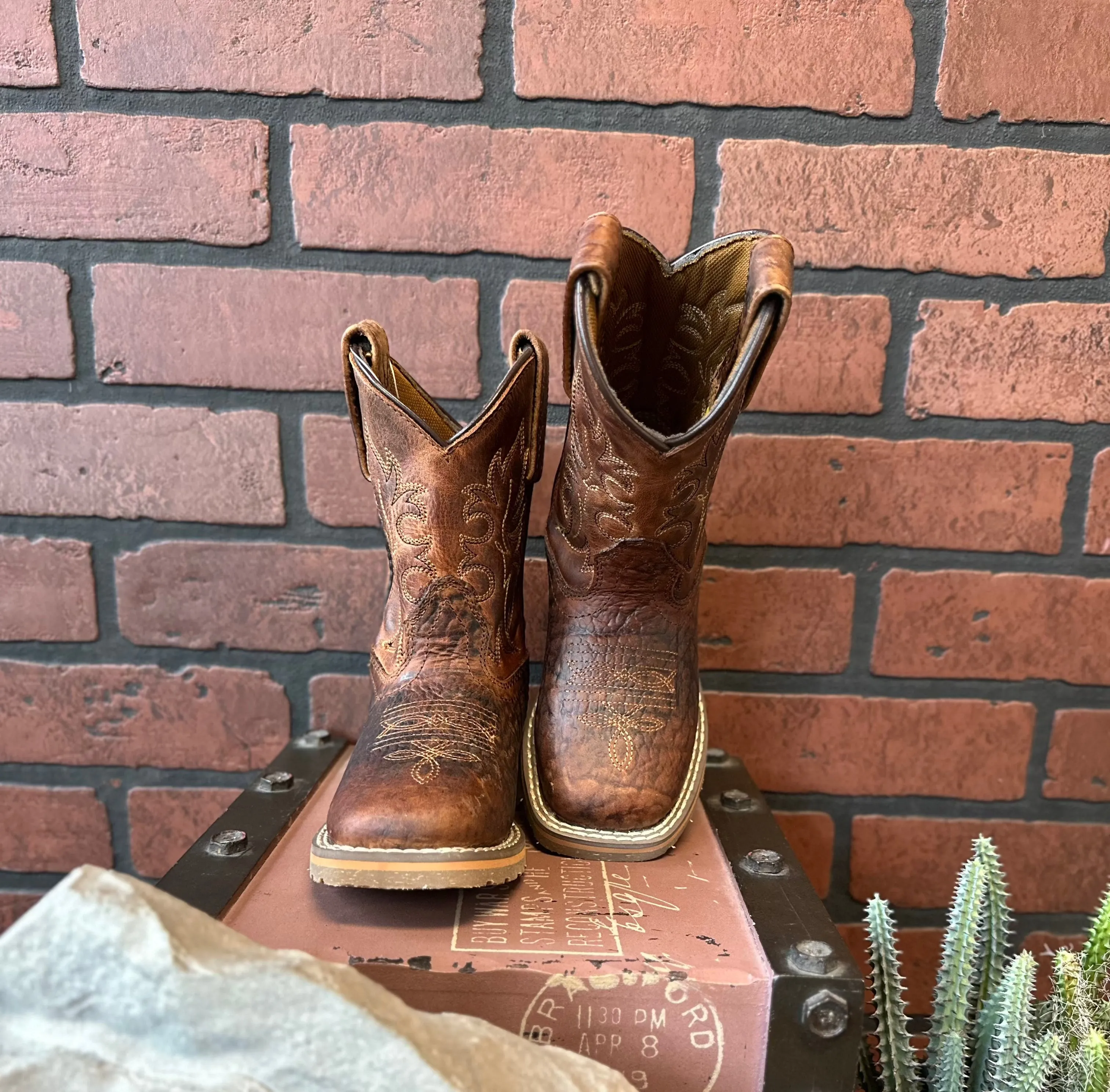 Dan Post Children/Youth Boy's Rust Brown Leather Square Toe Durant JR Western Cowboy Boot DPC2926 DPC3926 Ankle Coverage Daily Movement