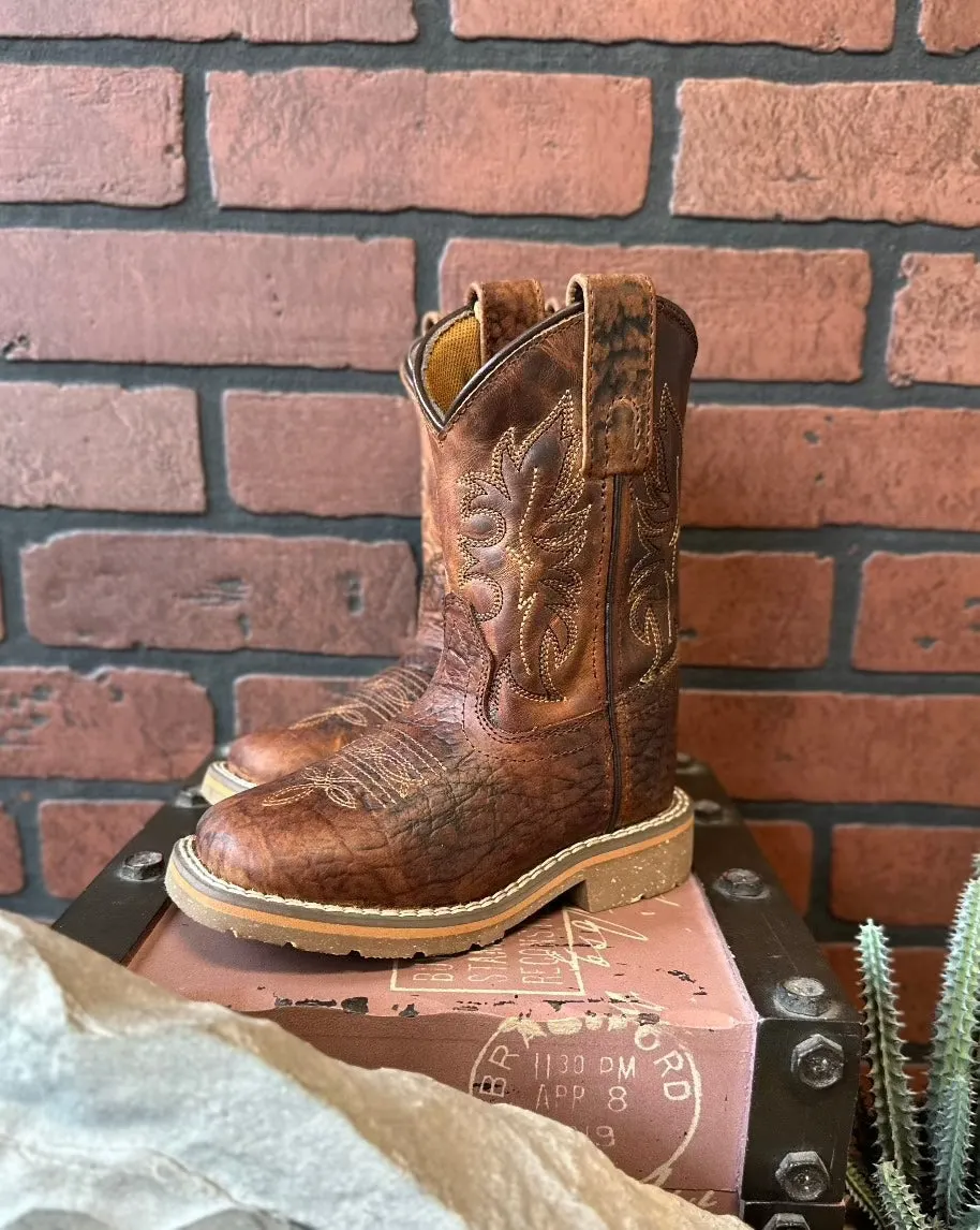 Elasticated Dan Post Children/Youth Boy's Rust Brown Leather Square Toe Durant JR Western Cowboy Boot DPC2926 DPC3926