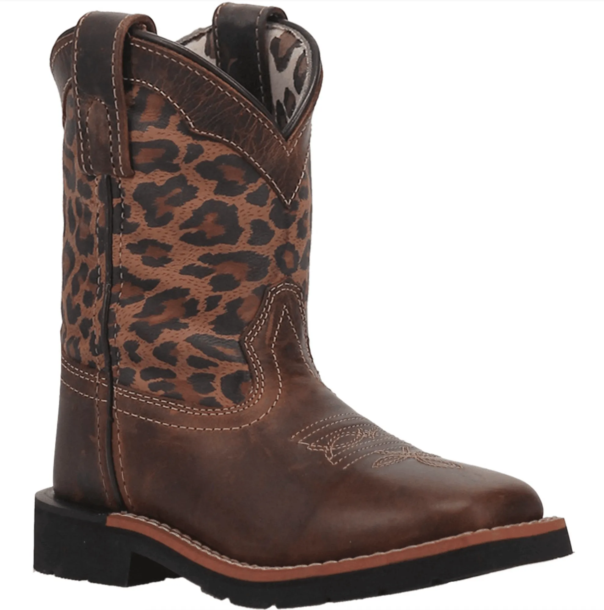 Dan Post Children/Youth Brown Leather & Leopard Top Makucha Square Toe Western Cowgirl Boot DPC2951 DPC3951 Practical Style