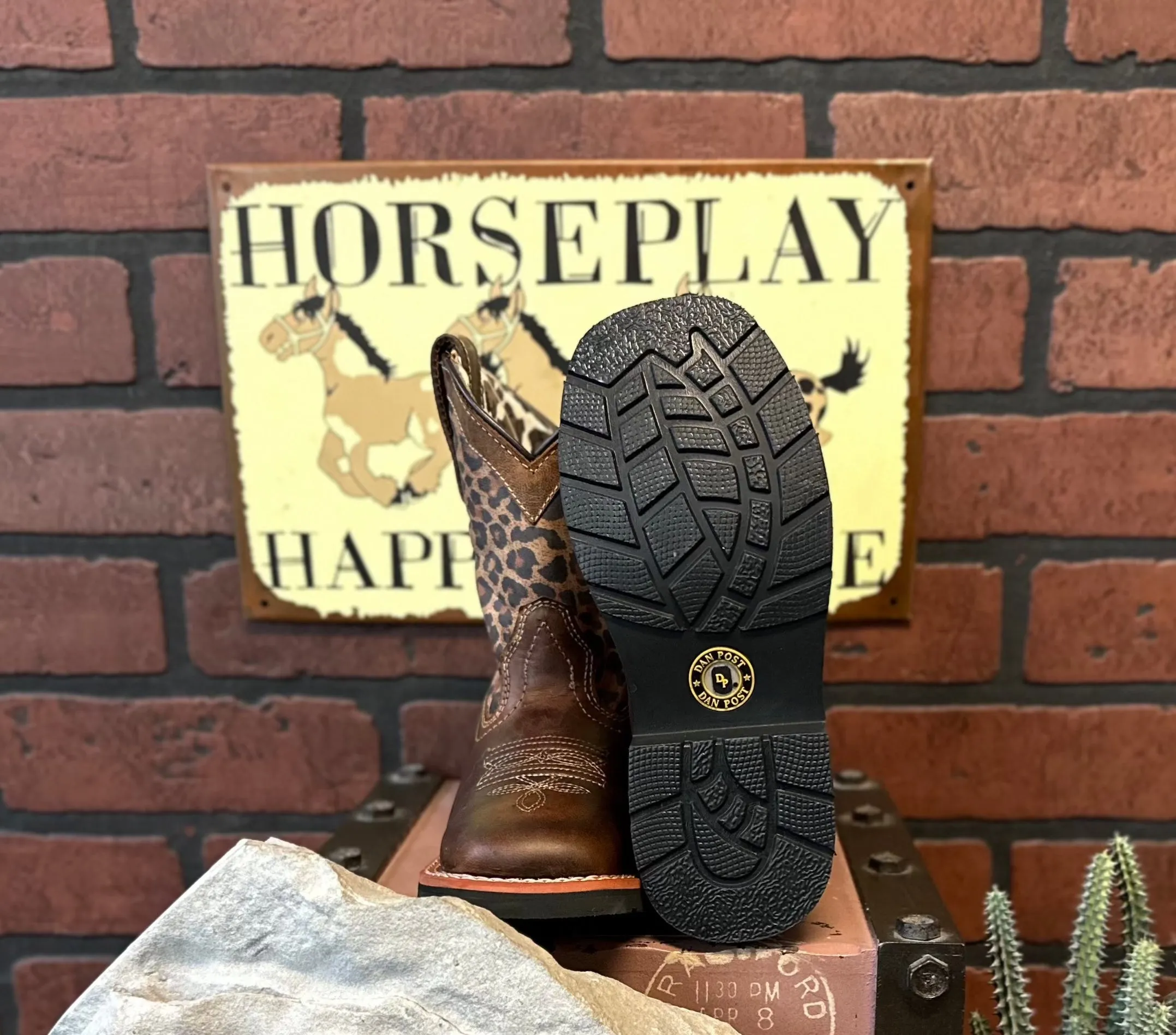 Dan Post Children/Youth Brown Leather & Leopard Top Makucha Square Toe Western Cowgirl Boot DPC2951 DPC3951 Italian Glam Elastic Sides