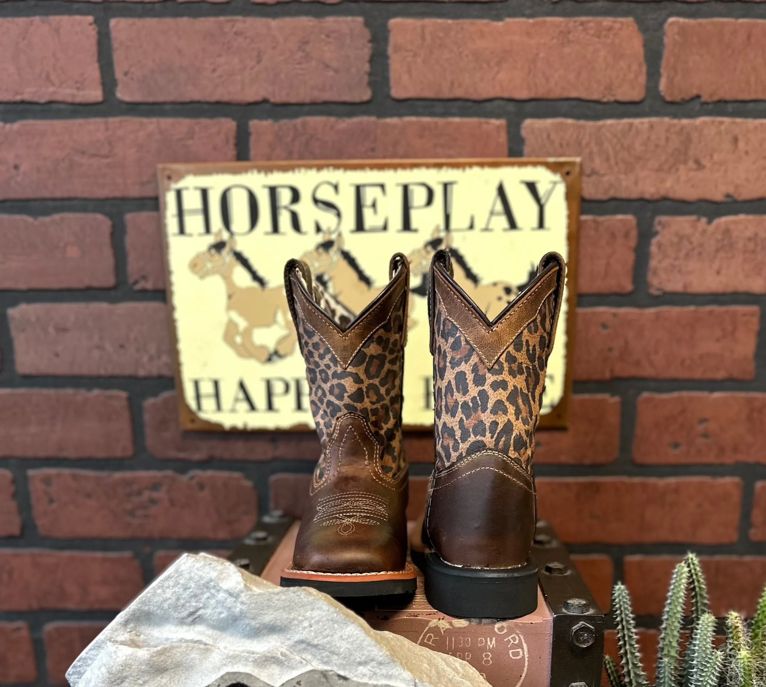 Dan Post Children/Youth Brown Leather & Leopard Top Makucha Square Toe Western Cowgirl Boot DPC2951 DPC3951 Anti-Fatigue