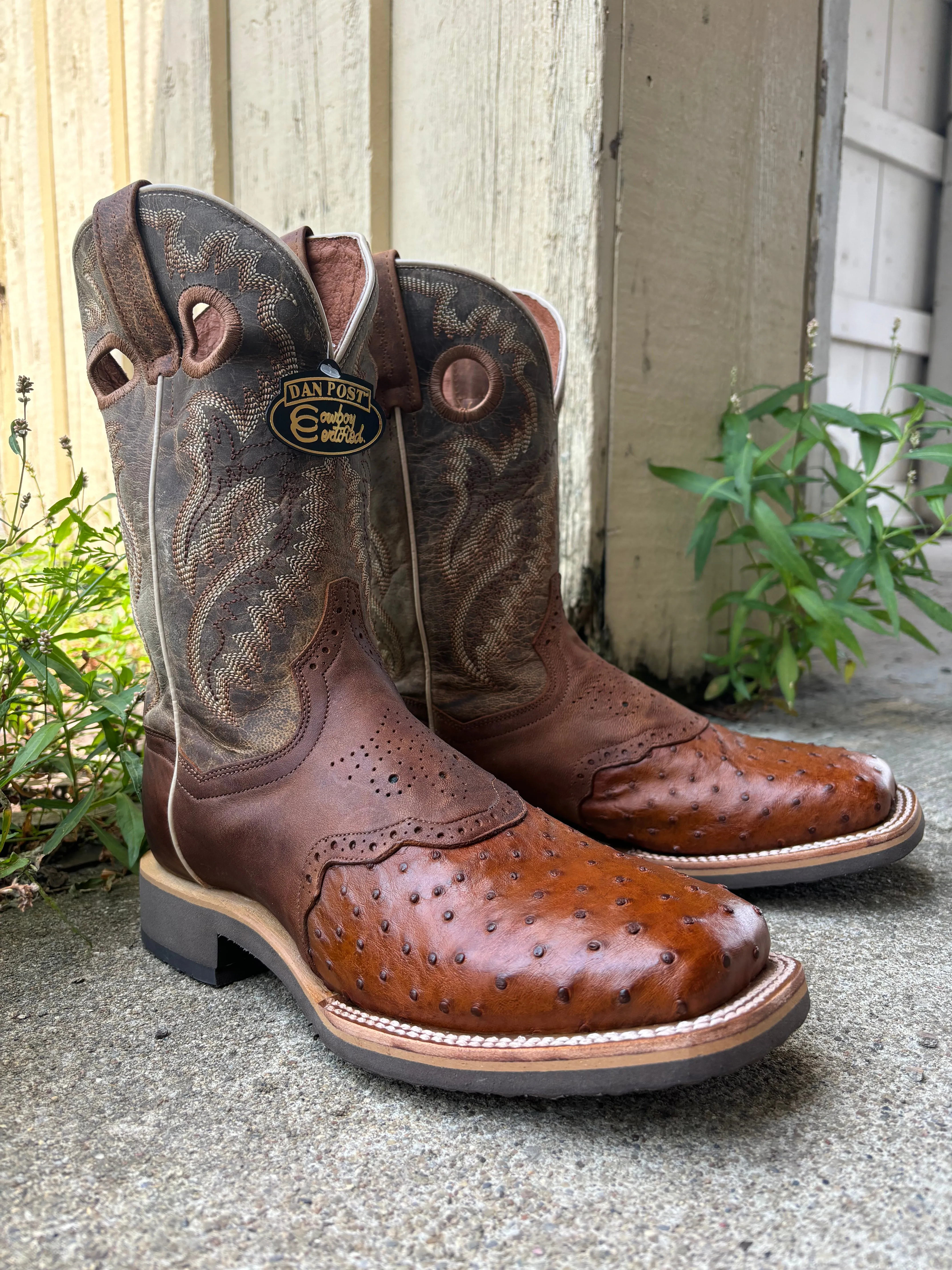 Dan Post Men's Apache Brown Full Quill Ostrich Saddle Vamp Martel Bay Broad Square Toe Cowboy Boots DP6058 Heavy Duty