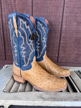 Dan Post Men's Tan Full Quill Ostrich & Blue Top Cutter Toe Cowboy Boots DP5191 Classic Touch Daytime Wear