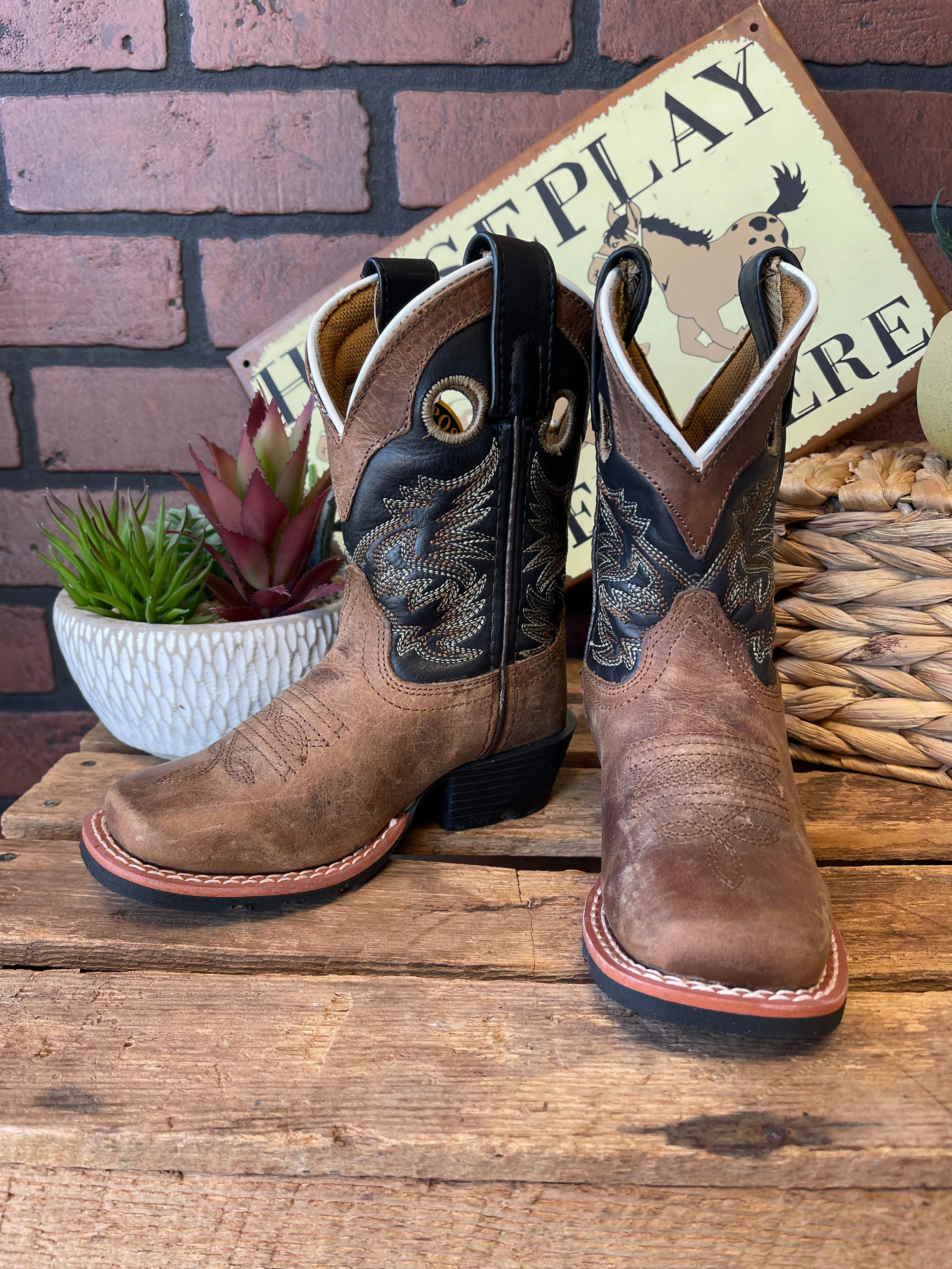 Dan Post Children/Youth Aged Bark Brown Leather & Black Top Rascal Western Cowboy Boot DPC2940 DPC3940 Color Pop
