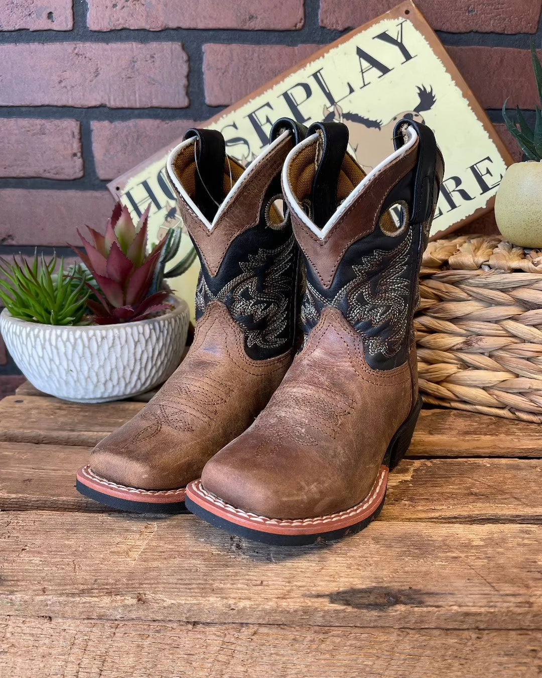 Dan Post Children/Youth Aged Bark Brown Leather & Black Top Rascal Western Cowboy Boot DPC2940 DPC3940 Minimal Mood Urban Everyday