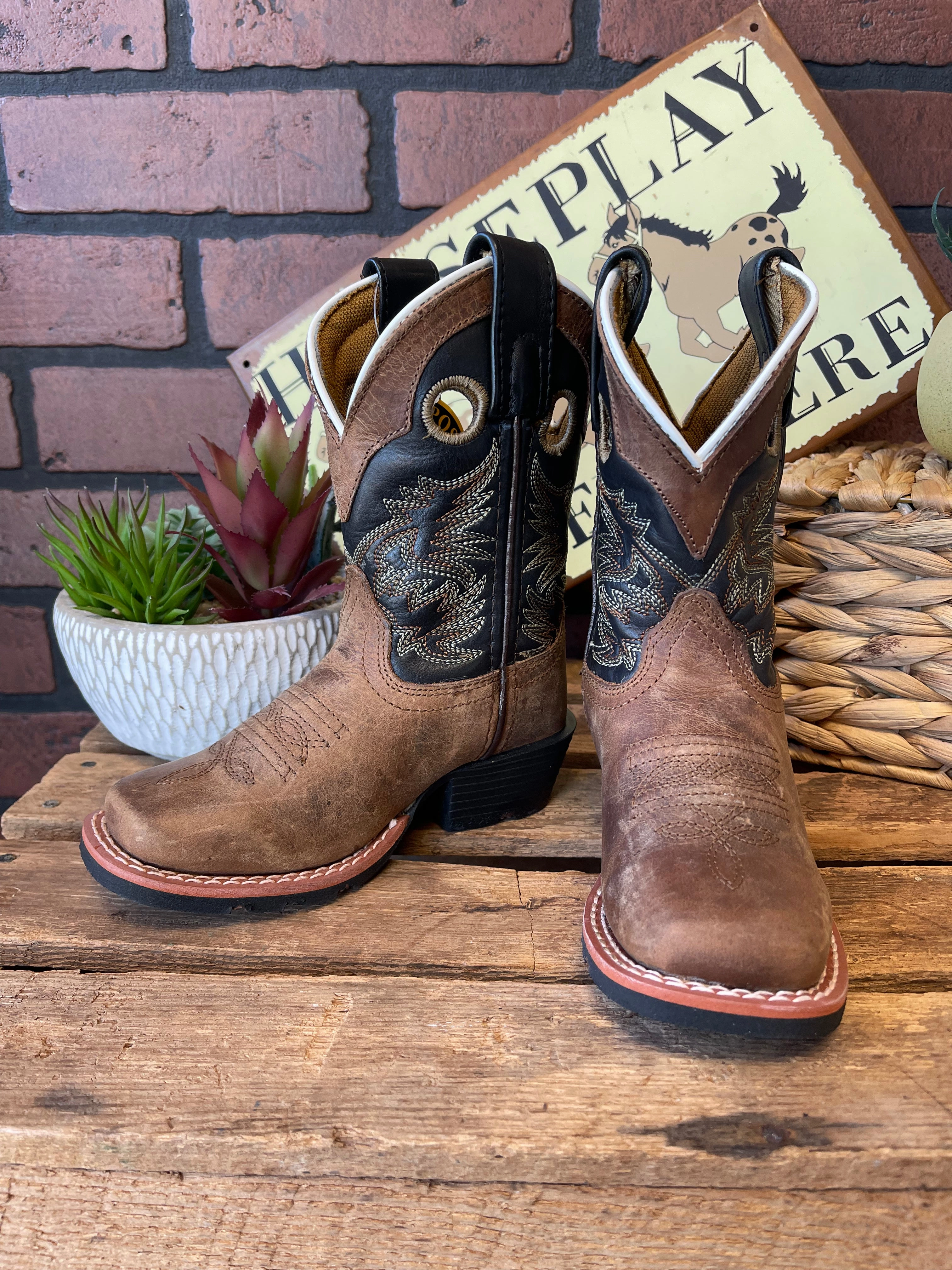 Dan Post Children/Youth Aged Bark Brown Leather & Black Top Rascal Western Cowboy Boot DPC2940 DPC3940 Color Pop