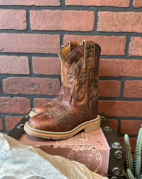 Elasticated Dan Post Children/Youth Boy's Rust Brown Leather Square Toe Durant JR Western Cowboy Boot DPC2926 DPC3926
