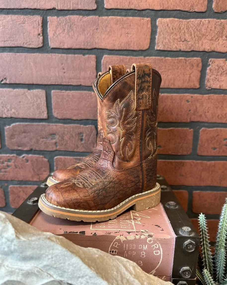 Elasticated Dan Post Children/Youth Boy's Rust Brown Leather Square Toe Durant JR Western Cowboy Boot DPC2926 DPC3926