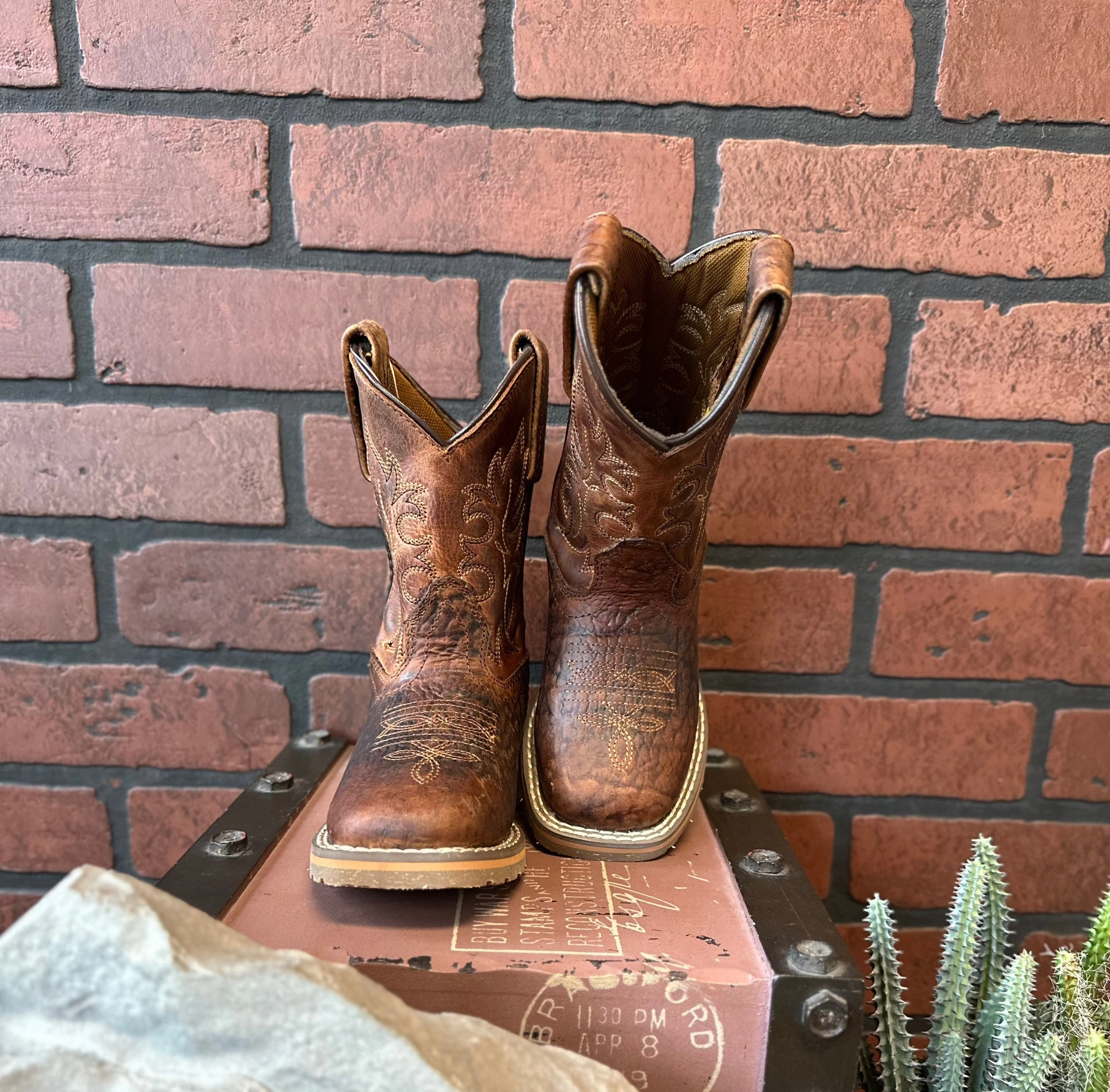 Dan Post Children/Youth Boy's Rust Brown Leather Square Toe Durant JR Western Cowboy Boot DPC2926 DPC3926 Ankle Coverage Daily Movement