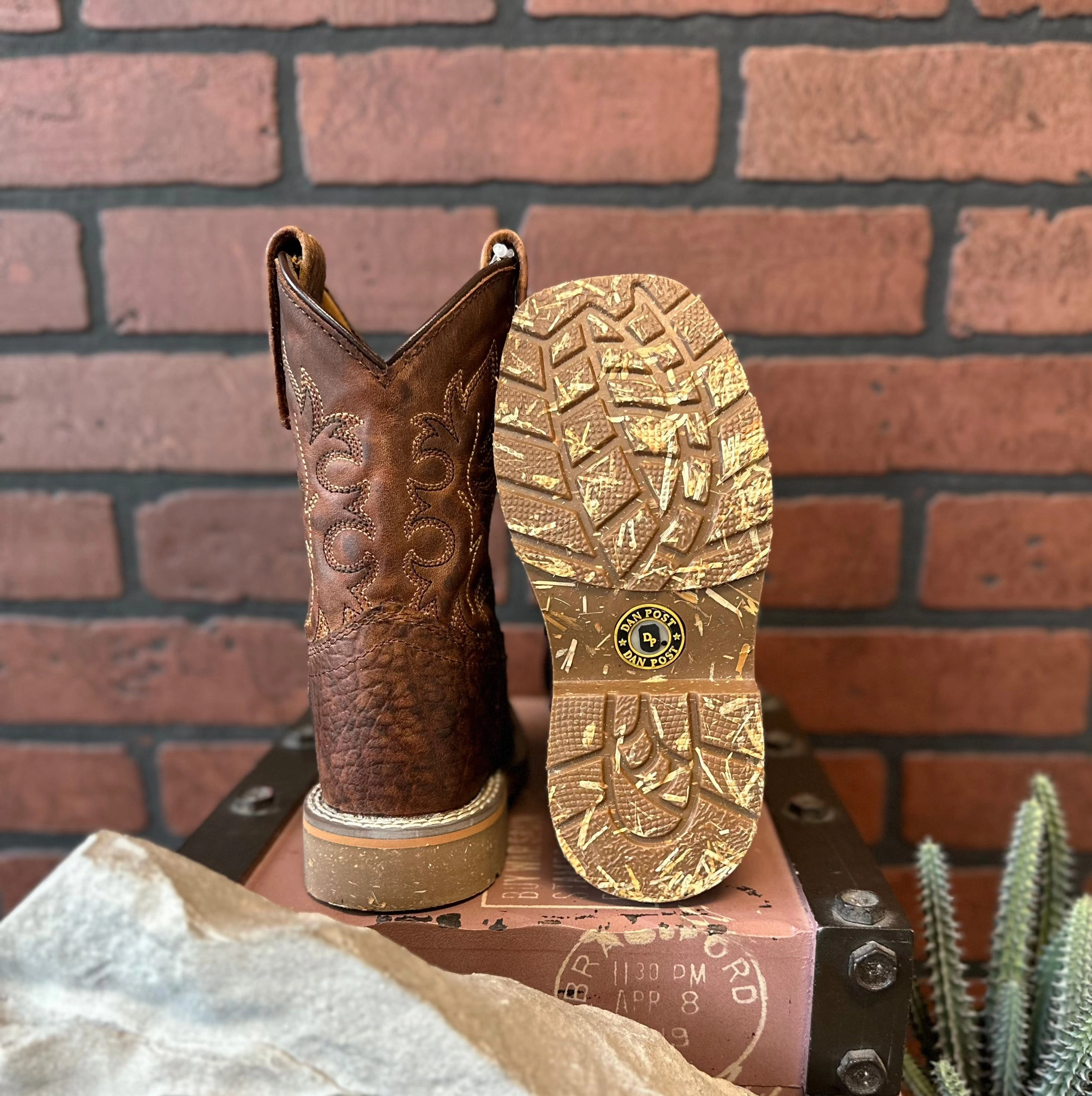 Dan Post Children/Youth Boy's Rust Brown Leather Square Toe Durant JR Western Cowboy Boot DPC2926 DPC3926 Slip   On Style Toe Protection