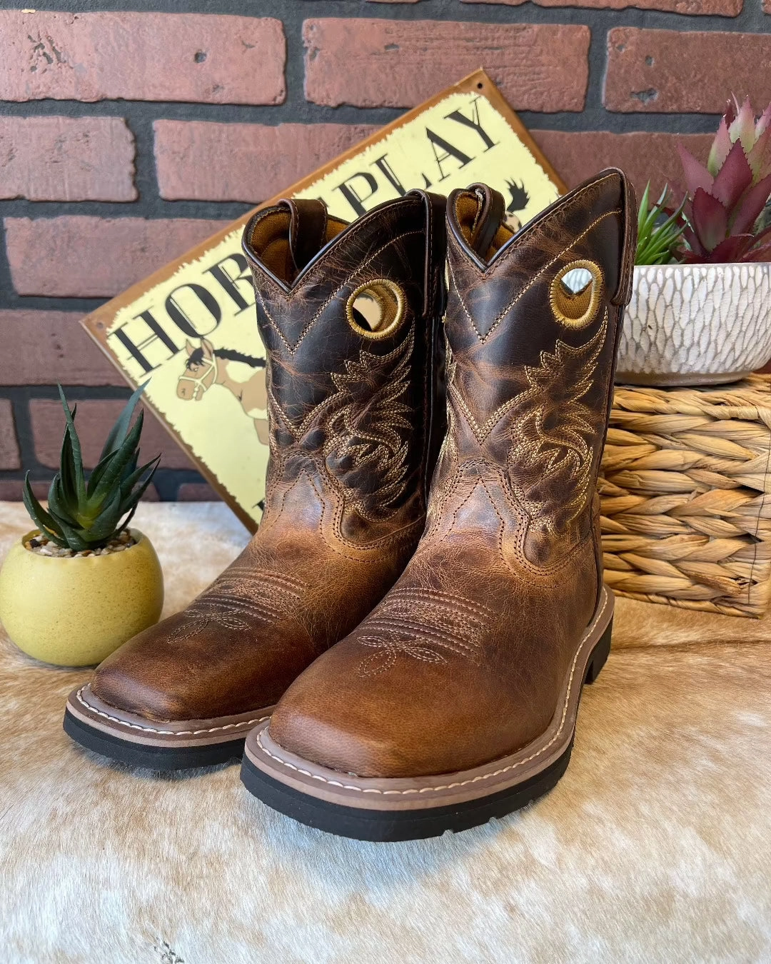 Mud Defense Comfort Edge Dan Post Children/Youth Brown Leather Amarillo Square Toe Cowboy Boot DPC2932 DPC3932