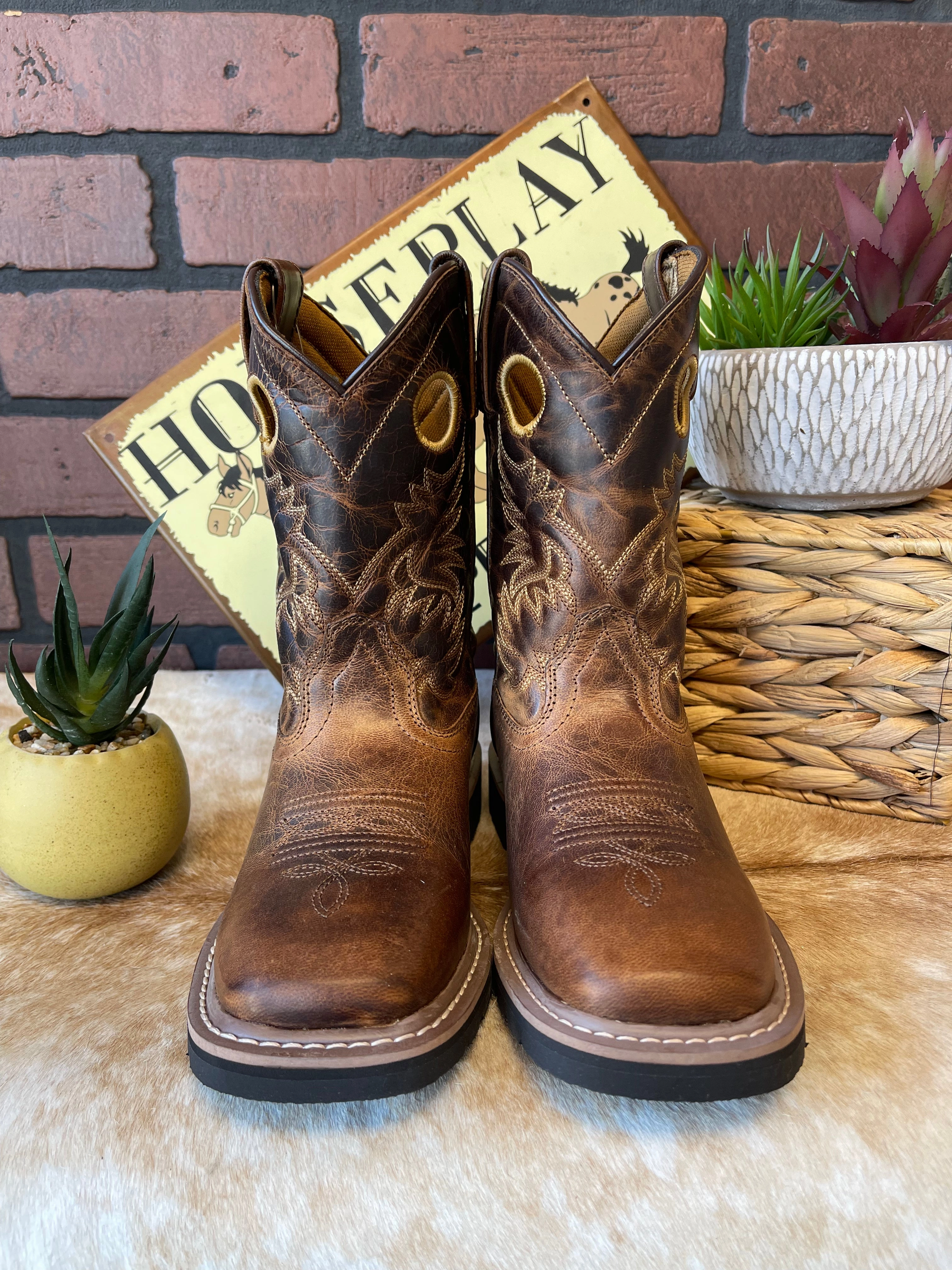 Dan Post Children/Youth Brown Leather Amarillo Square Toe Cowboy Boot DPC2932 DPC3932 Freelancer Traction Line