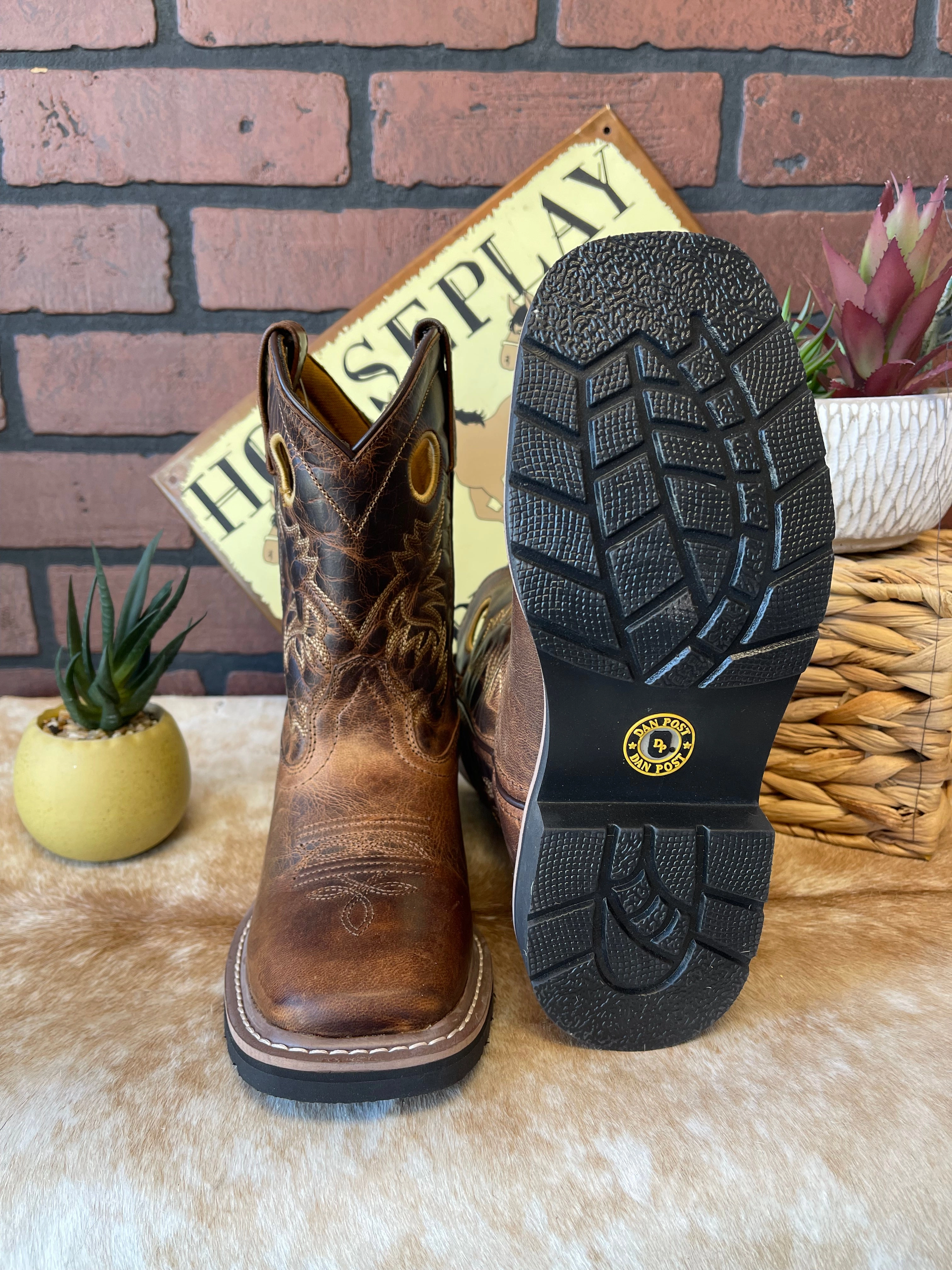 Dan Post Children/Youth Brown Leather Amarillo Square Toe Cowboy Boot DPC2932 DPC3932 Comfort Backing