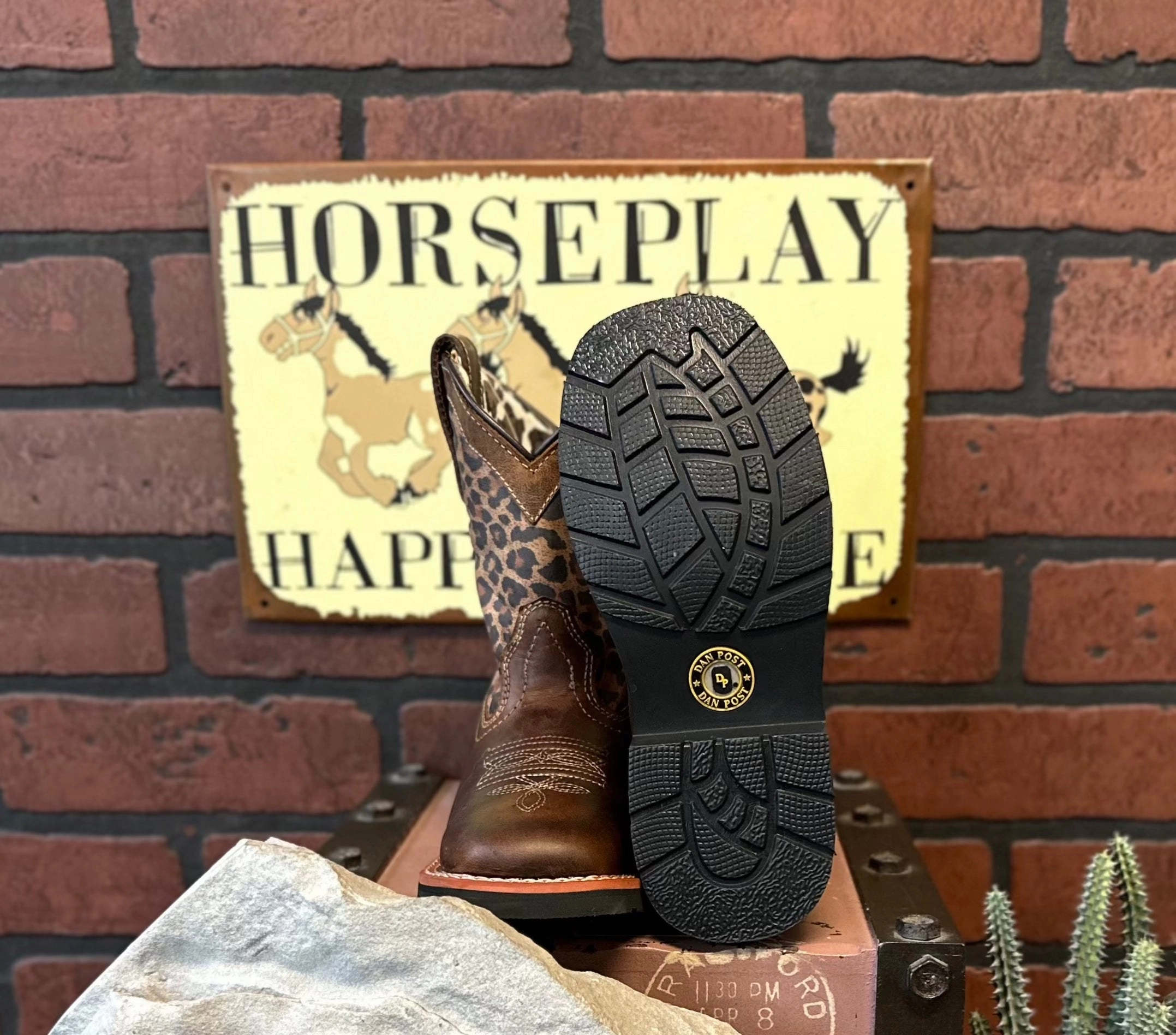 Dan Post Children/Youth Brown Leather & Leopard Top Makucha Square Toe Western Cowgirl Boot DPC2951 DPC3951 Italian Glam Elastic Sides