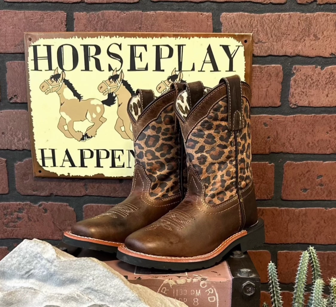 Outdoor Utility Tall Shaft Dan Post Children/Youth Brown Leather & Leopard Top Makucha Square Toe Western Cowgirl Boot DPC2951 DPC3951