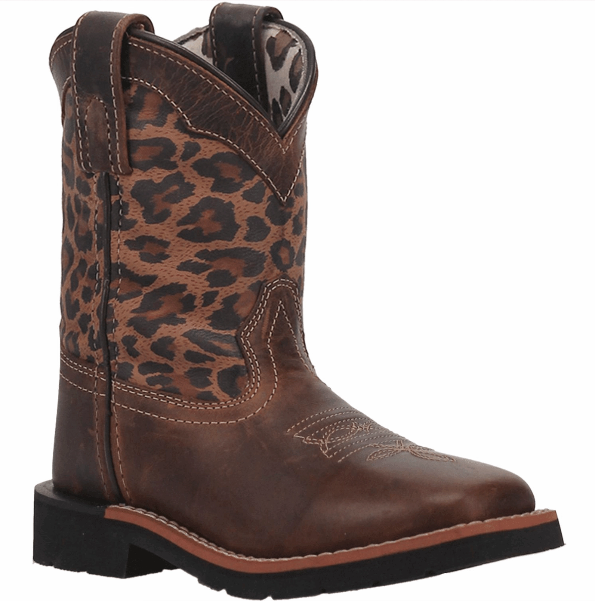 Dan Post Children/Youth Brown Leather & Leopard Top Makucha Square Toe Western Cowgirl Boot DPC2951 DPC3951 Practical Style