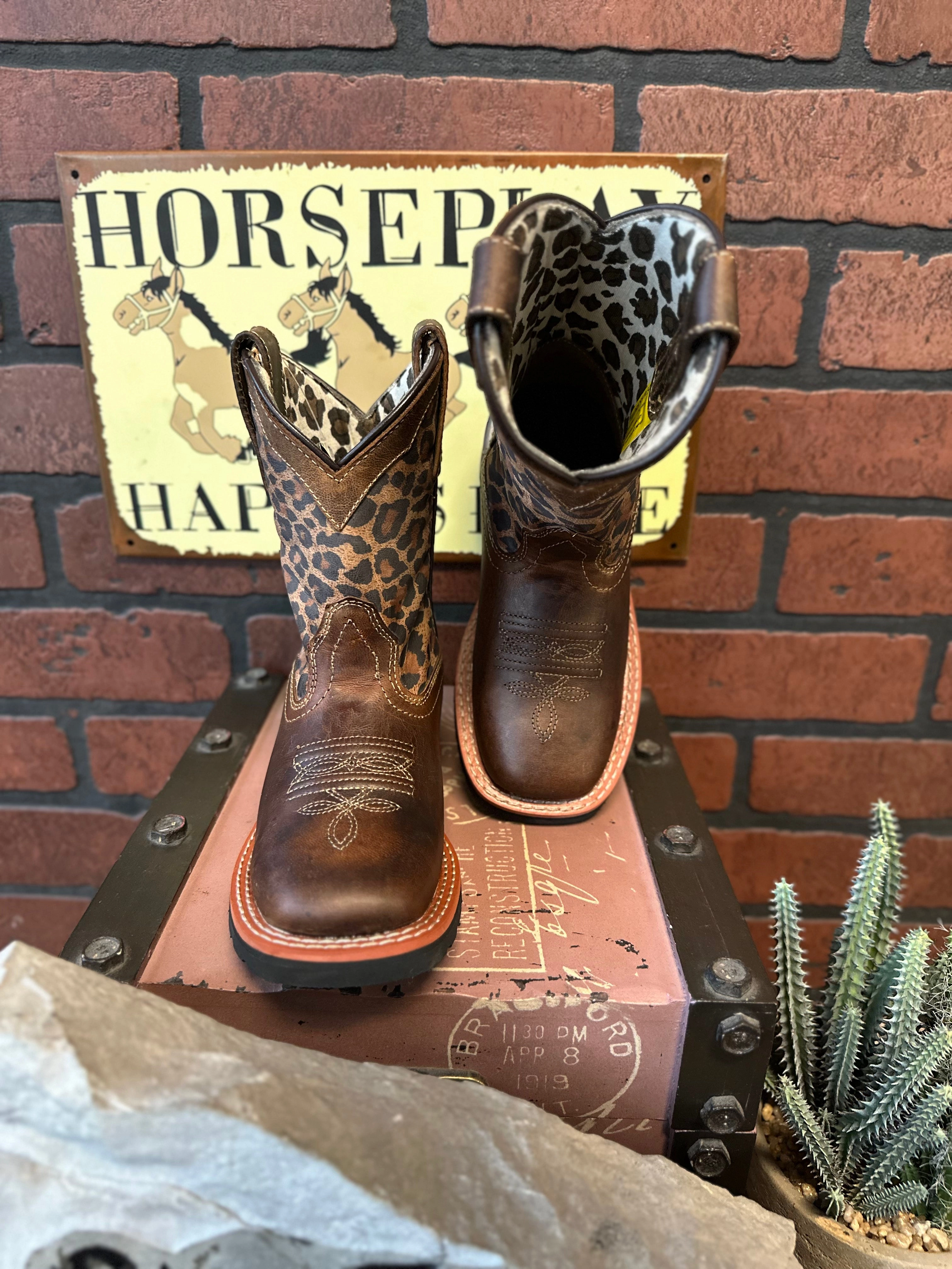 Dan Post Children/Youth Brown Leather & Leopard Top Makucha Square Toe Western Cowgirl Boot DPC2951 DPC3951 Street Style Daily Function
