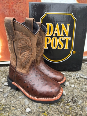 Dan Post Children/Youth Chocolate Brown Jet Ostrich Print Western Cowboy Boots DPC4007 DPC5007 Work Wear