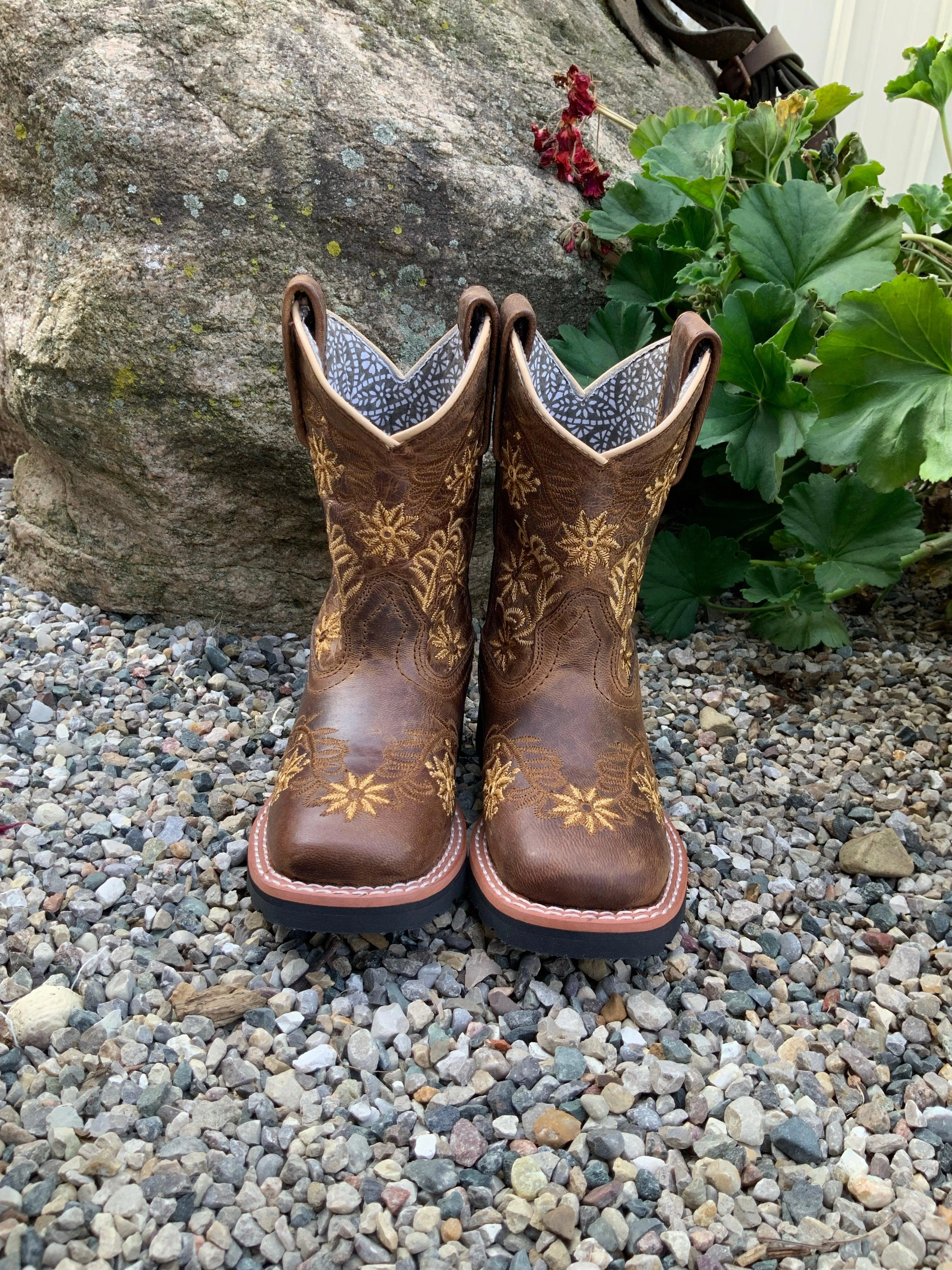 Dan Post Children/Youth Girl's Brown Leather Gardenia Floral Embroidered Square Toe Cowgirl Boots DPC2942 DPC3942 Stylish Footwear Heavy Duty