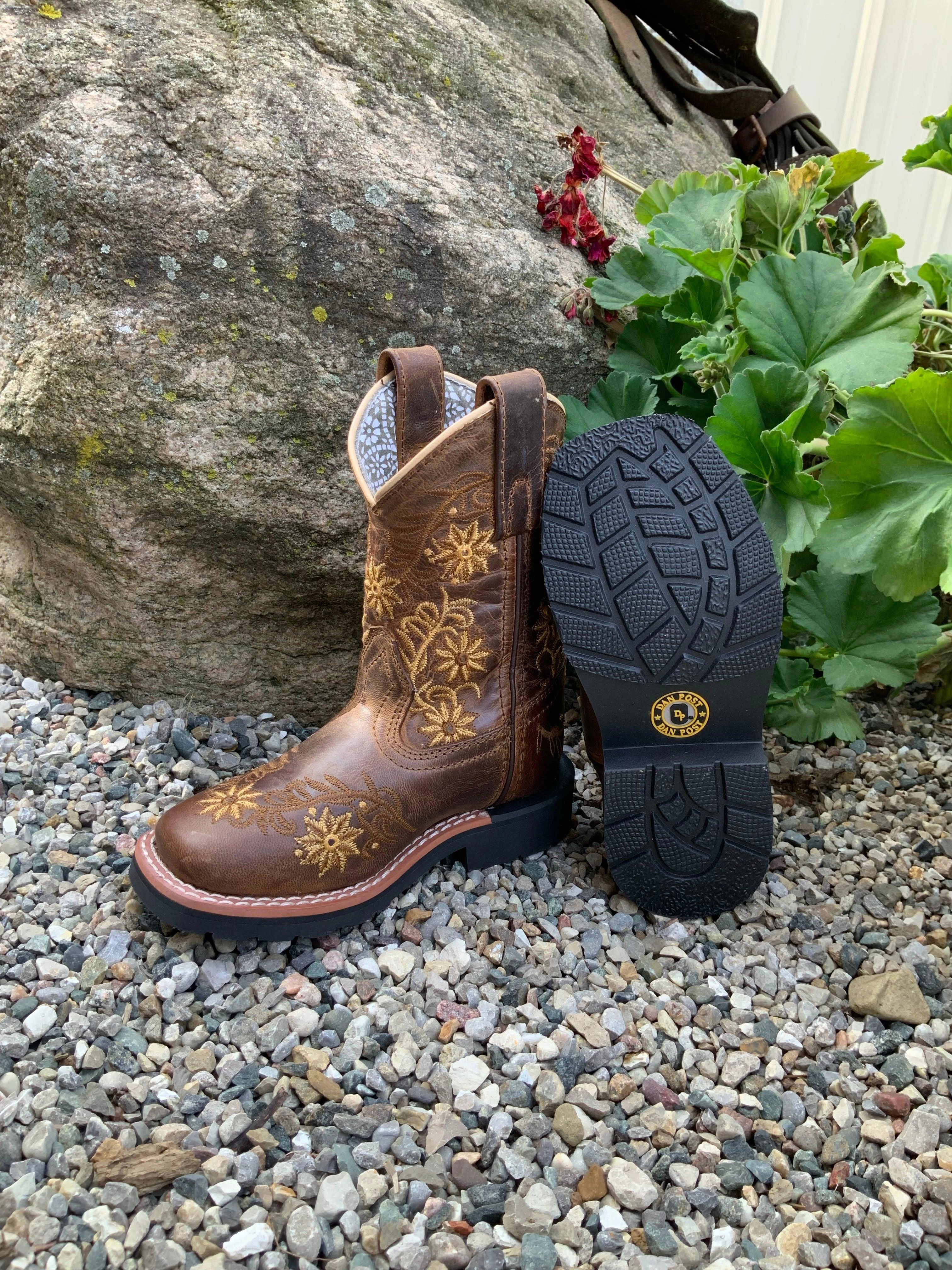 Dan Post Children/Youth Girl's Brown Leather Gardenia Floral Embroidered Square Toe Cowgirl Boots DPC2942 DPC3942 Comfy Step
