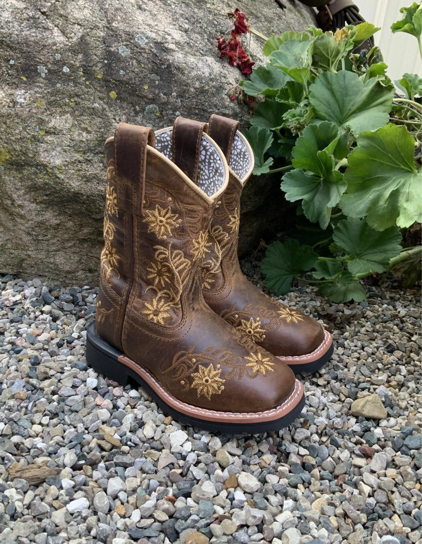 Good Arch Support High-performance Dan Post Children/Youth Girl's Brown Leather Gardenia Floral Embroidered Square Toe Cowgirl Boots DPC2942 DPC3942