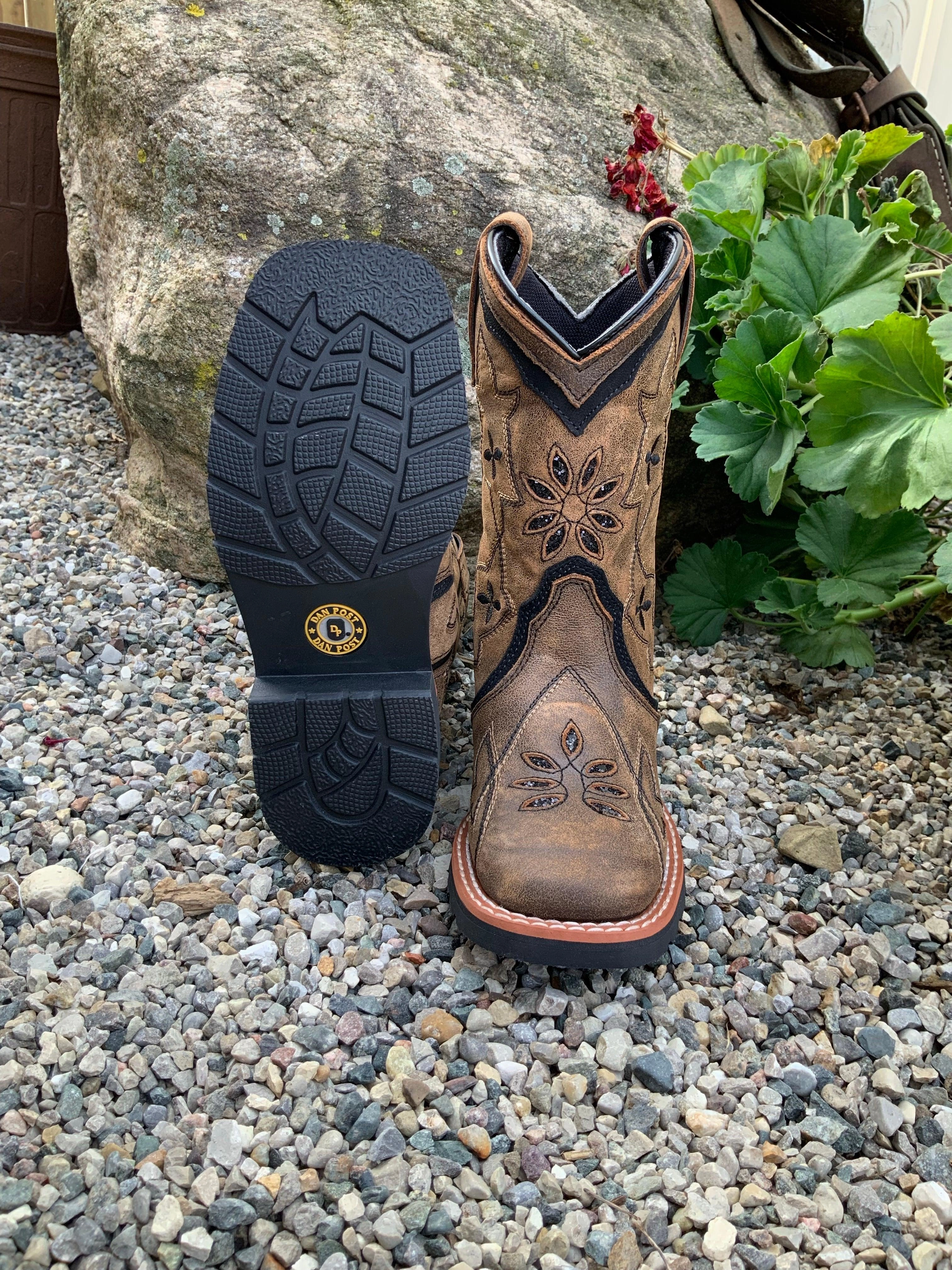 Dan Post Children/Youth Girl's Brown Leather Posy Black Glitter Square Toe Cowgirl Boots DPC2924 DPC3924 Milan Shine