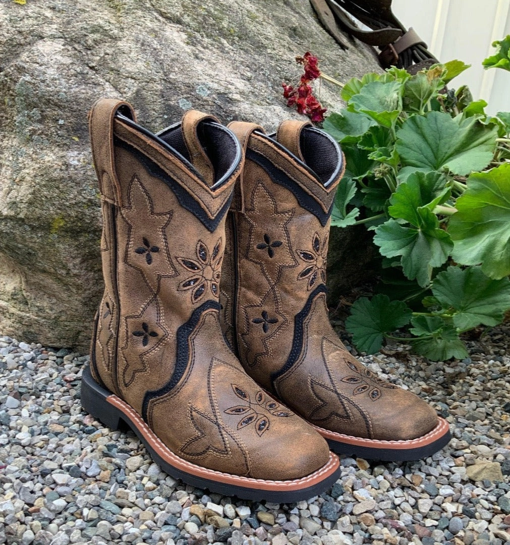 Dan Post Children/Youth Girl's Brown Leather Posy Black Glitter Square Toe Cowgirl Boots DPC2924 DPC3924 Grip Strong