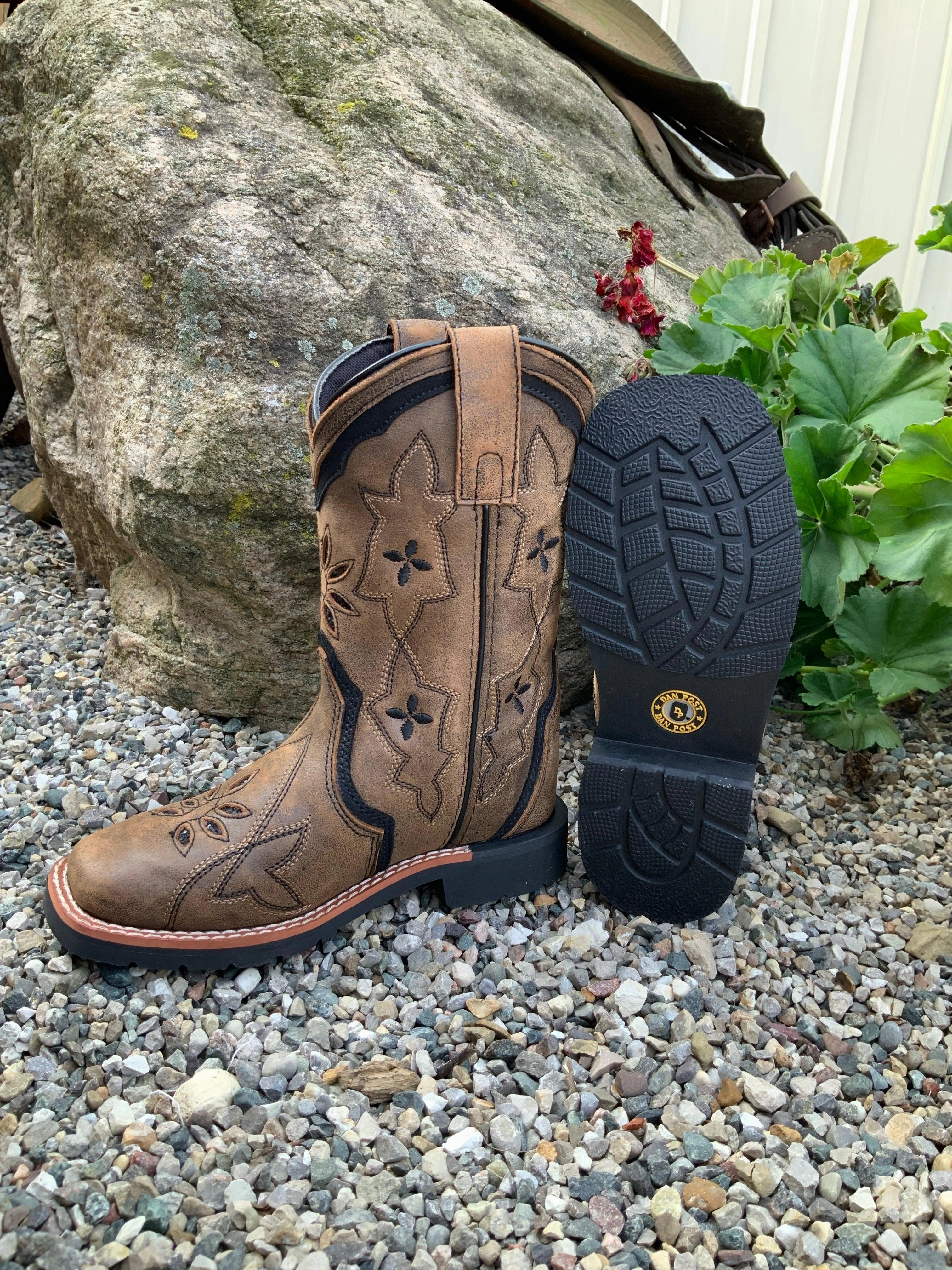 High Quality Dan Post Children/Youth Girl's Brown Leather Posy Black Glitter Square Toe Cowgirl Boots DPC2924 DPC3924