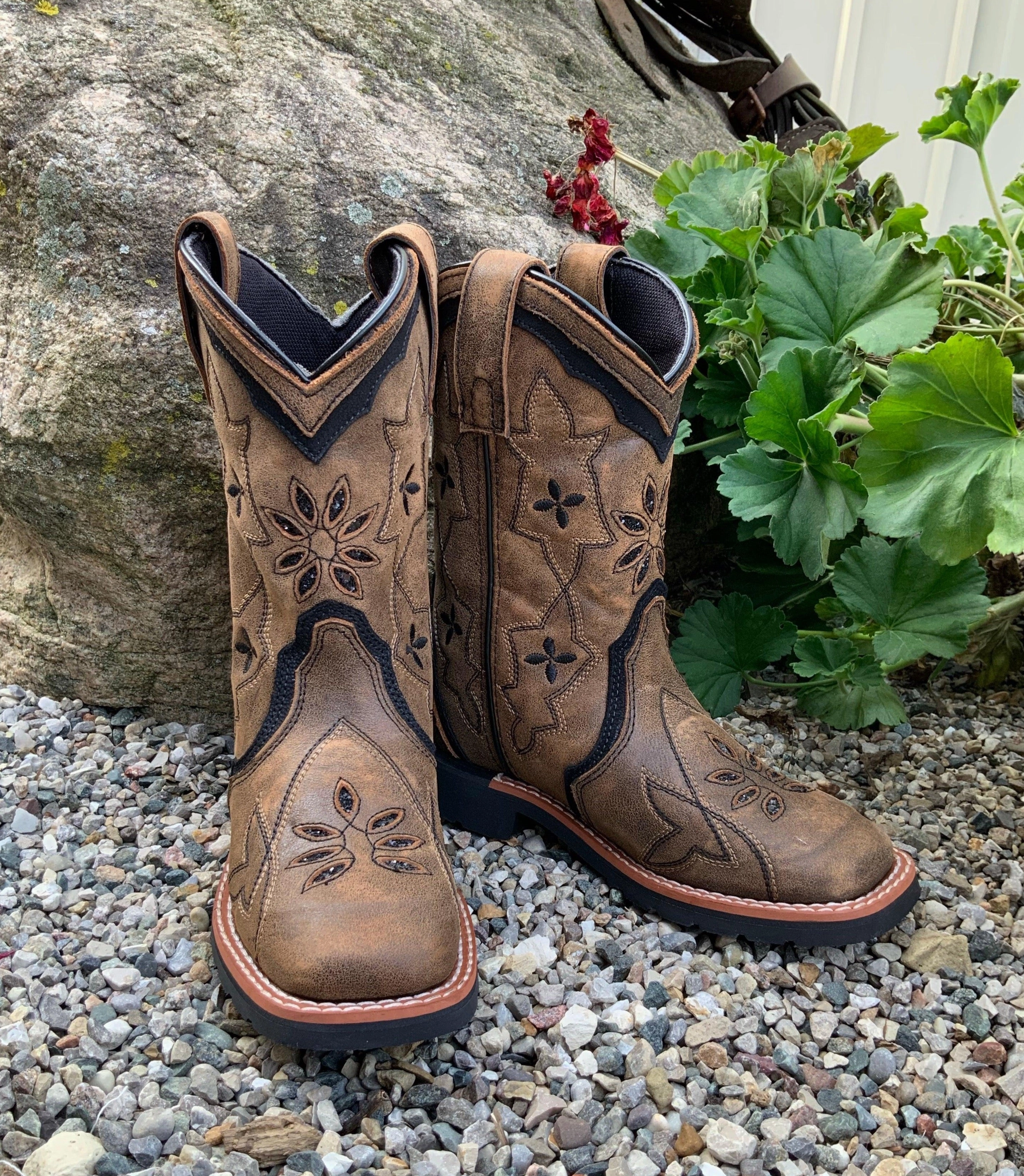 Ski Lodge Dan Post Children/Youth Girl's Brown Leather Posy Black Glitter Square Toe Cowgirl Boots DPC2924 DPC3924