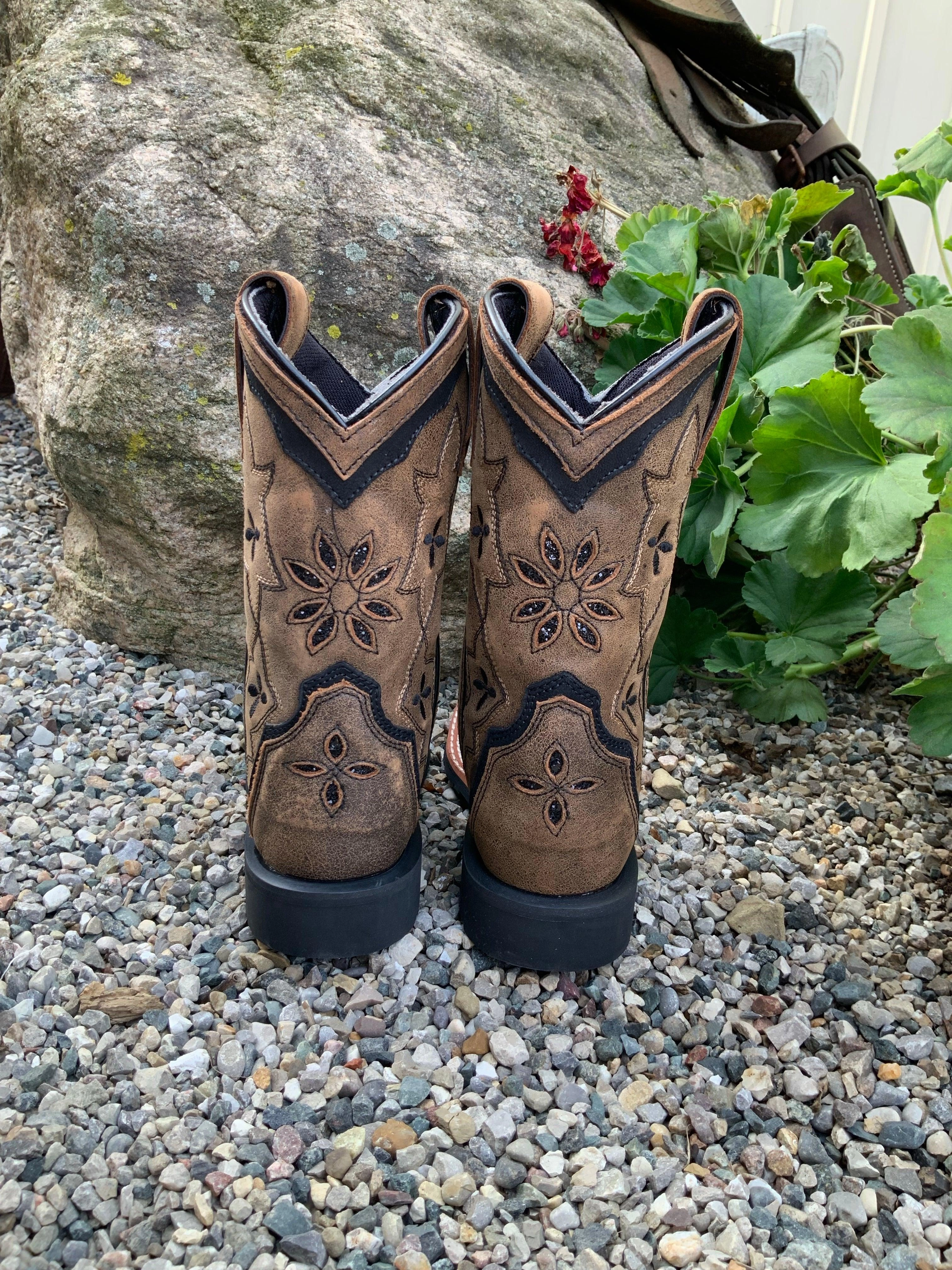 Dan Post Children/Youth Girl's Brown Leather Posy Black Glitter Square Toe Cowgirl Boots DPC2924 DPC3924 Removable Transitional Style