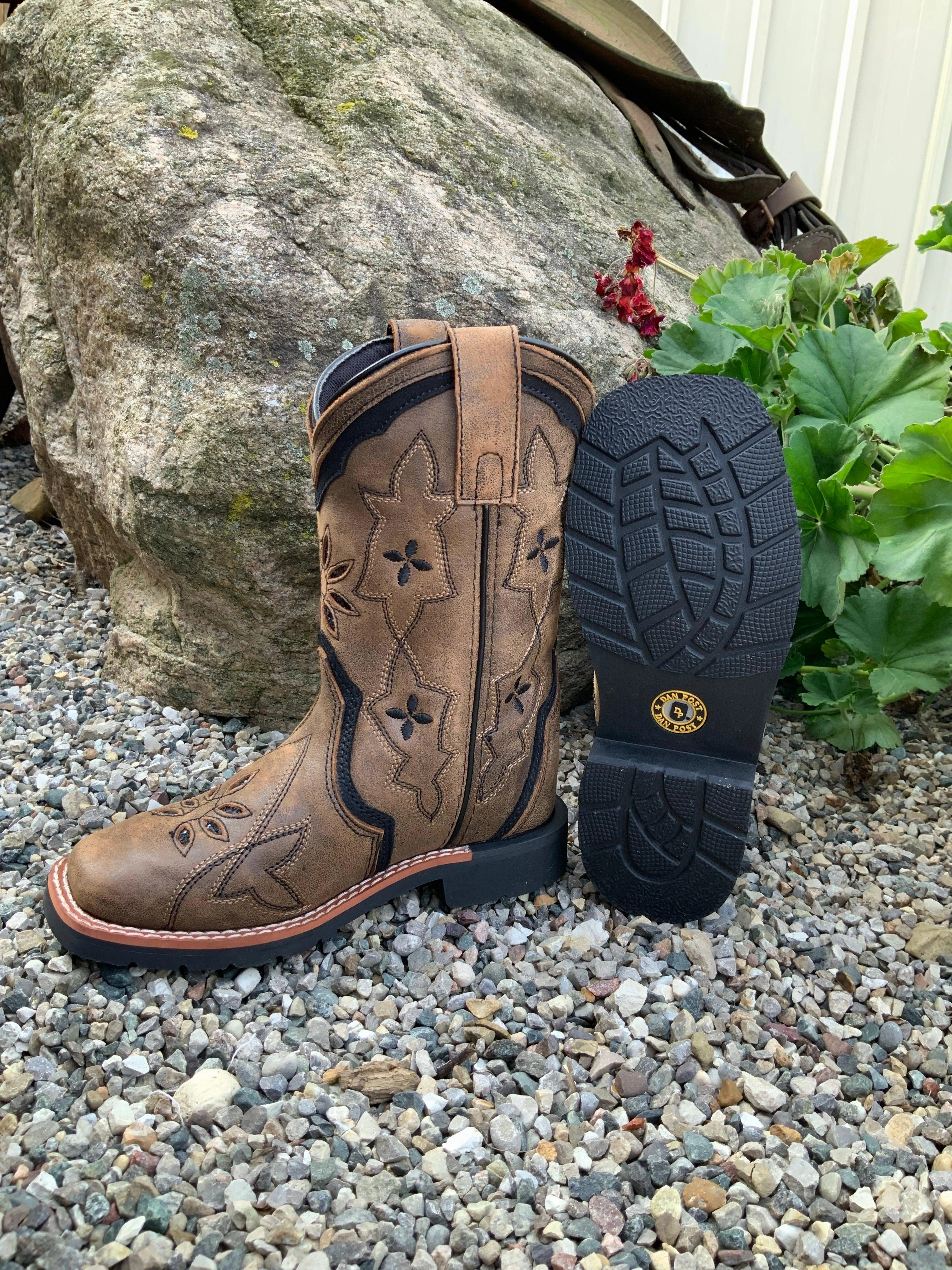 High Quality Dan Post Children/Youth Girl's Brown Leather Posy Black Glitter Square Toe Cowgirl Boots DPC2924 DPC3924