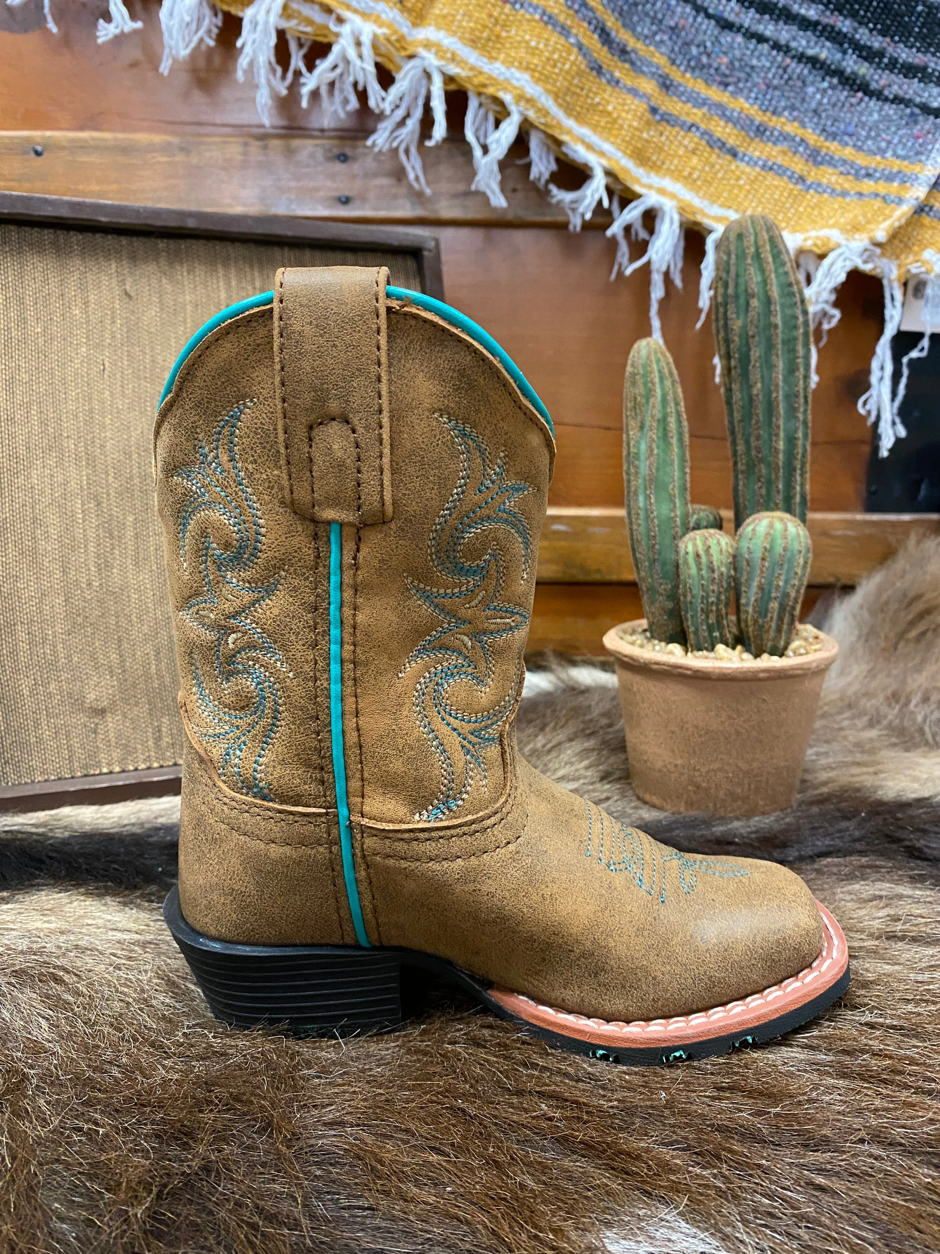 Low Profile Dan Post Children/Youth Girl's Tan Leather Sadie Mae Square Toe Western Cowgirl Boot DPC2948 DPC3948