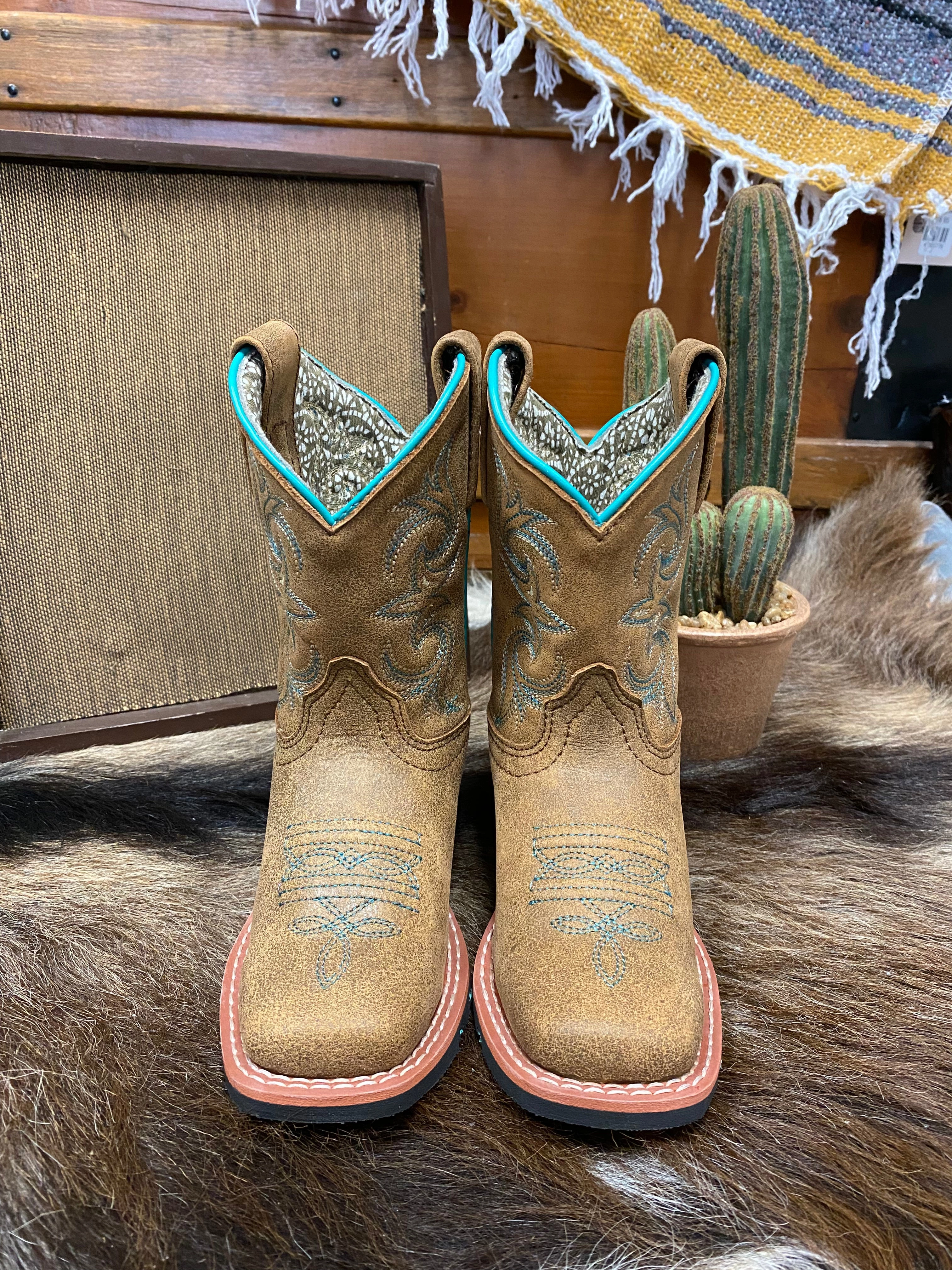 Dan Post Children/Youth Girl's Tan Leather Sadie Mae Square Toe Western Cowgirl Boot DPC2948 DPC3948 Comfort Tongue