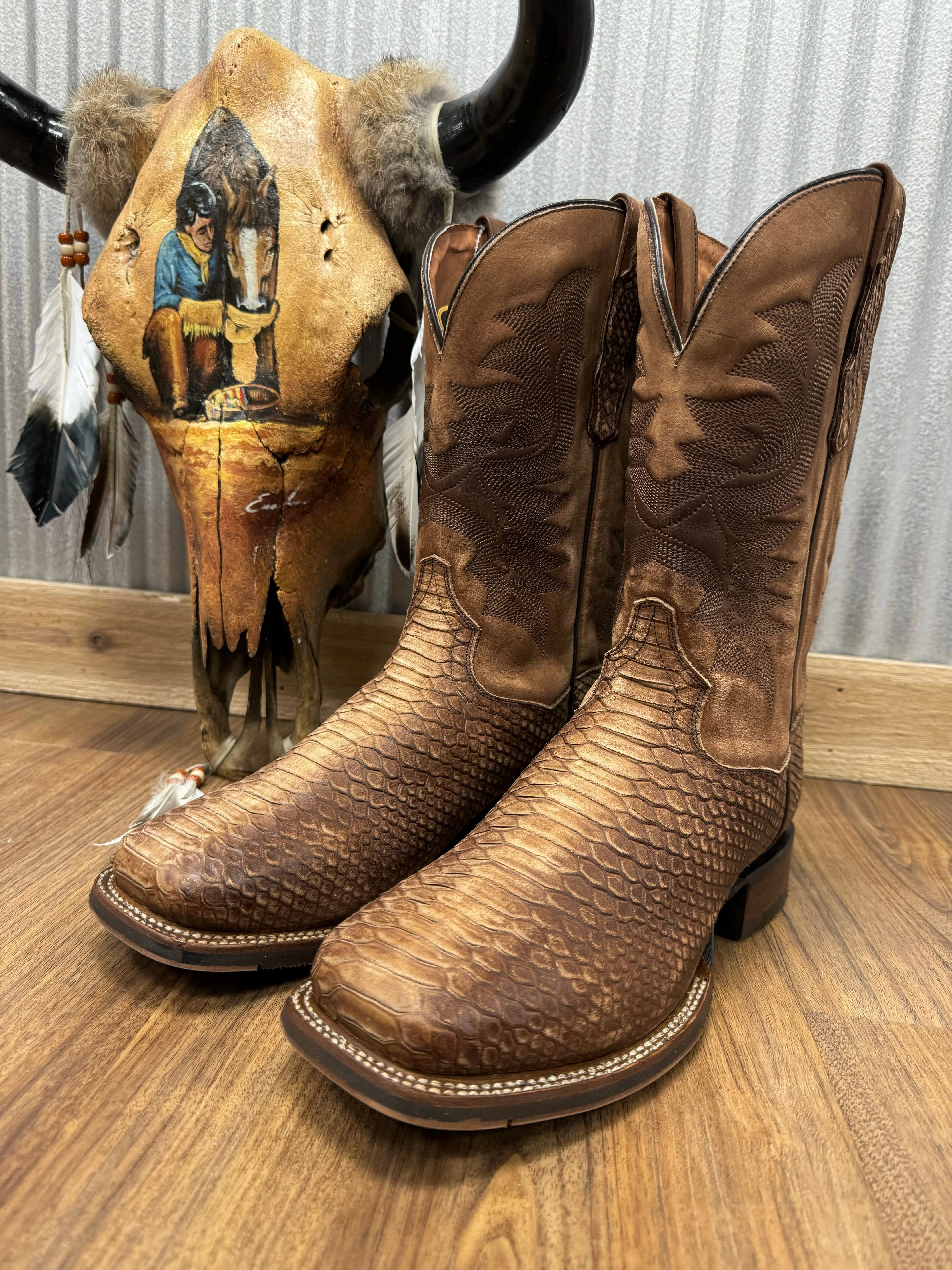 Dan Post Men's Bronze/Brown KA Python Design Square Toe Cowboy Boots DP4526 Clean Finish