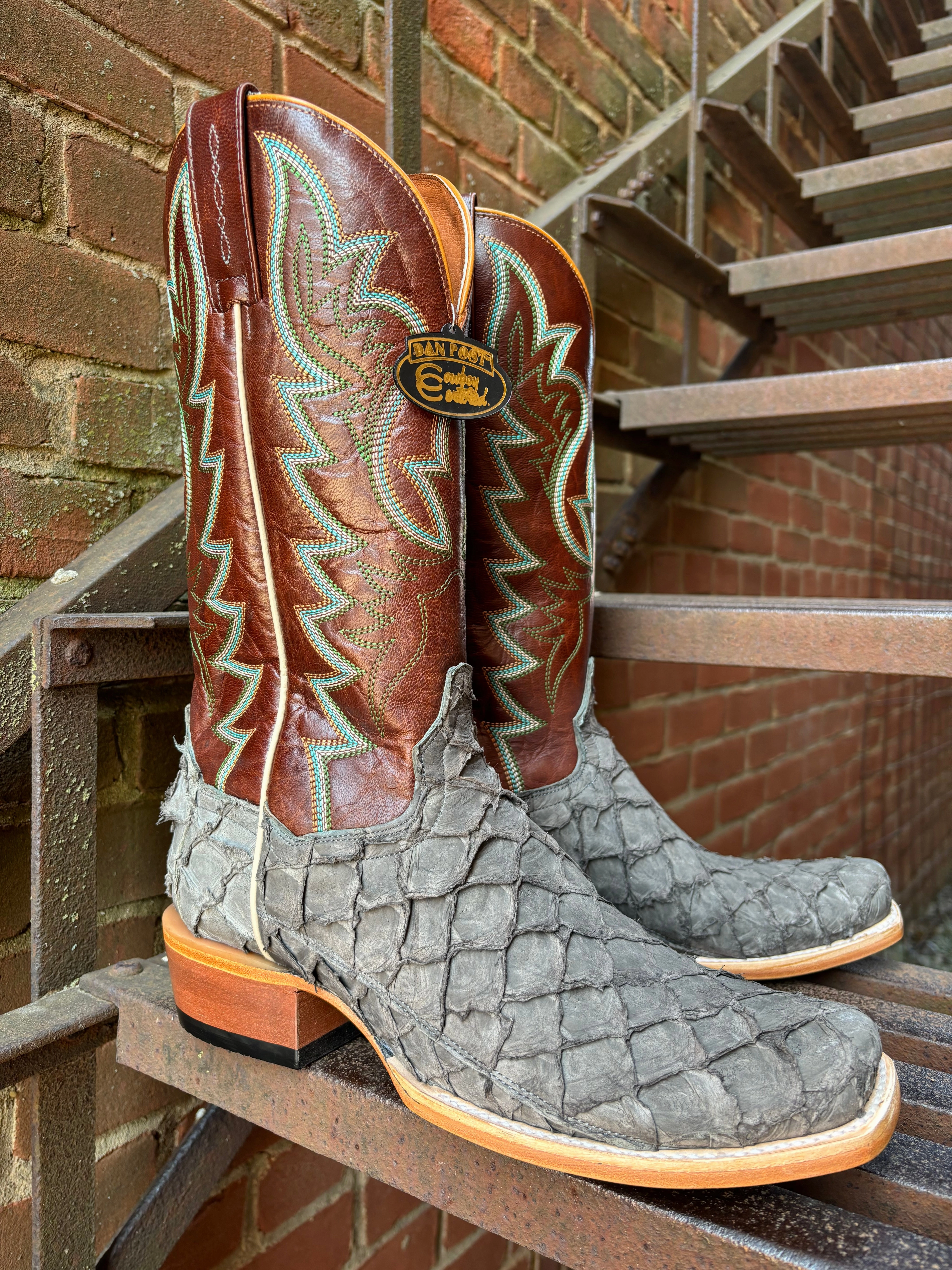 Dan Post Men's Riggs Grey Pirarucu Big Bass Cutter Toe Western Cowboy Boots DP5022 Lightweight Build Camping Trip