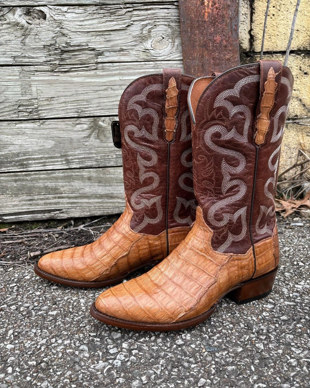 Dan Post Men's Tan Caiman & Mahogany Top Primetime Round Toe Cowboy Boots DP3096 Everyday Pair Comfortable Tongue