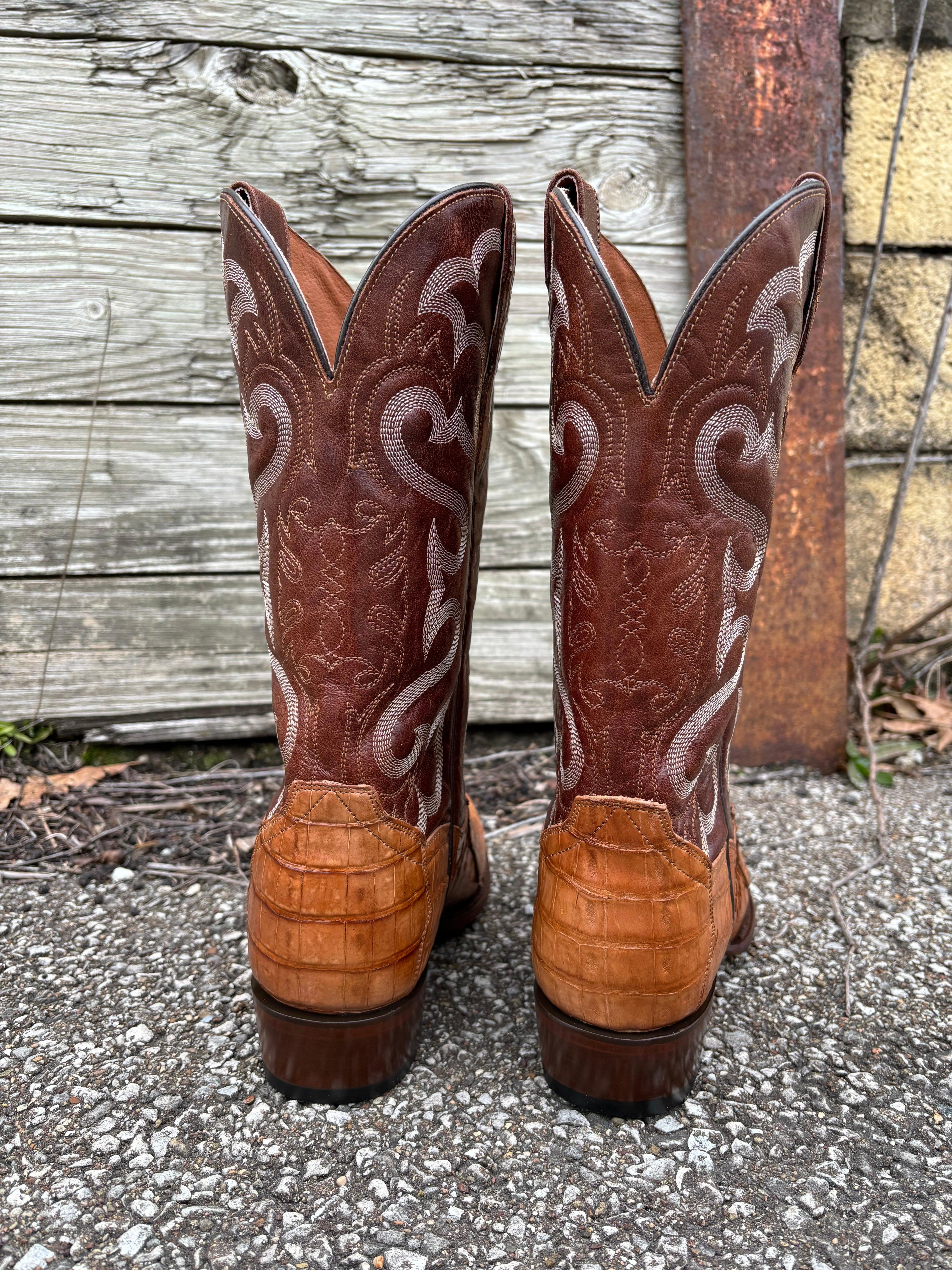 Dan Post Men's Tan Caiman & Mahogany Top Primetime Round Toe Cowboy Boots DP3096 Functional