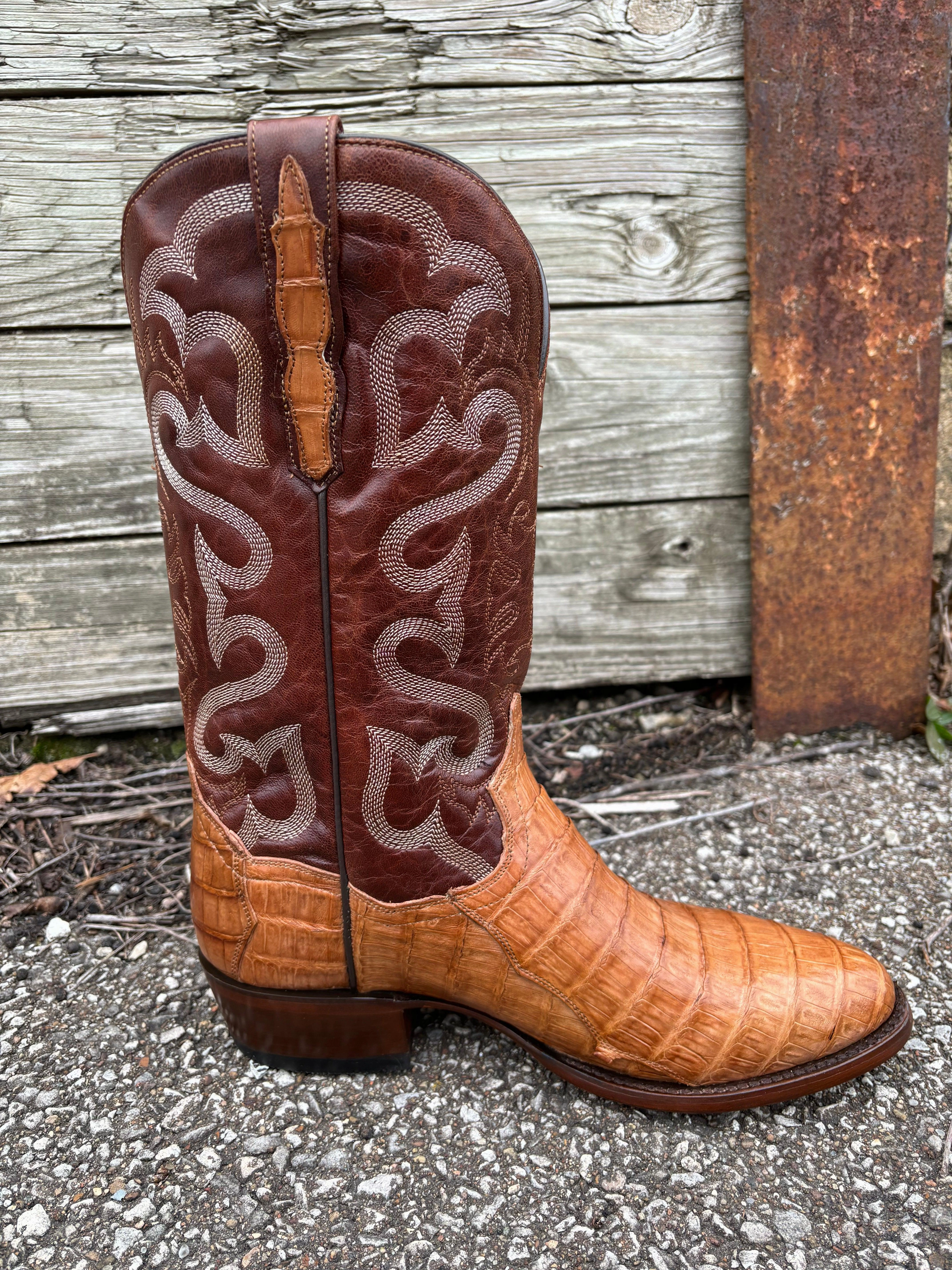 Dan Post Men's Tan Caiman & Mahogany Top Primetime Round Toe Cowboy Boots DP3096 Thin Sole Functional Footwear