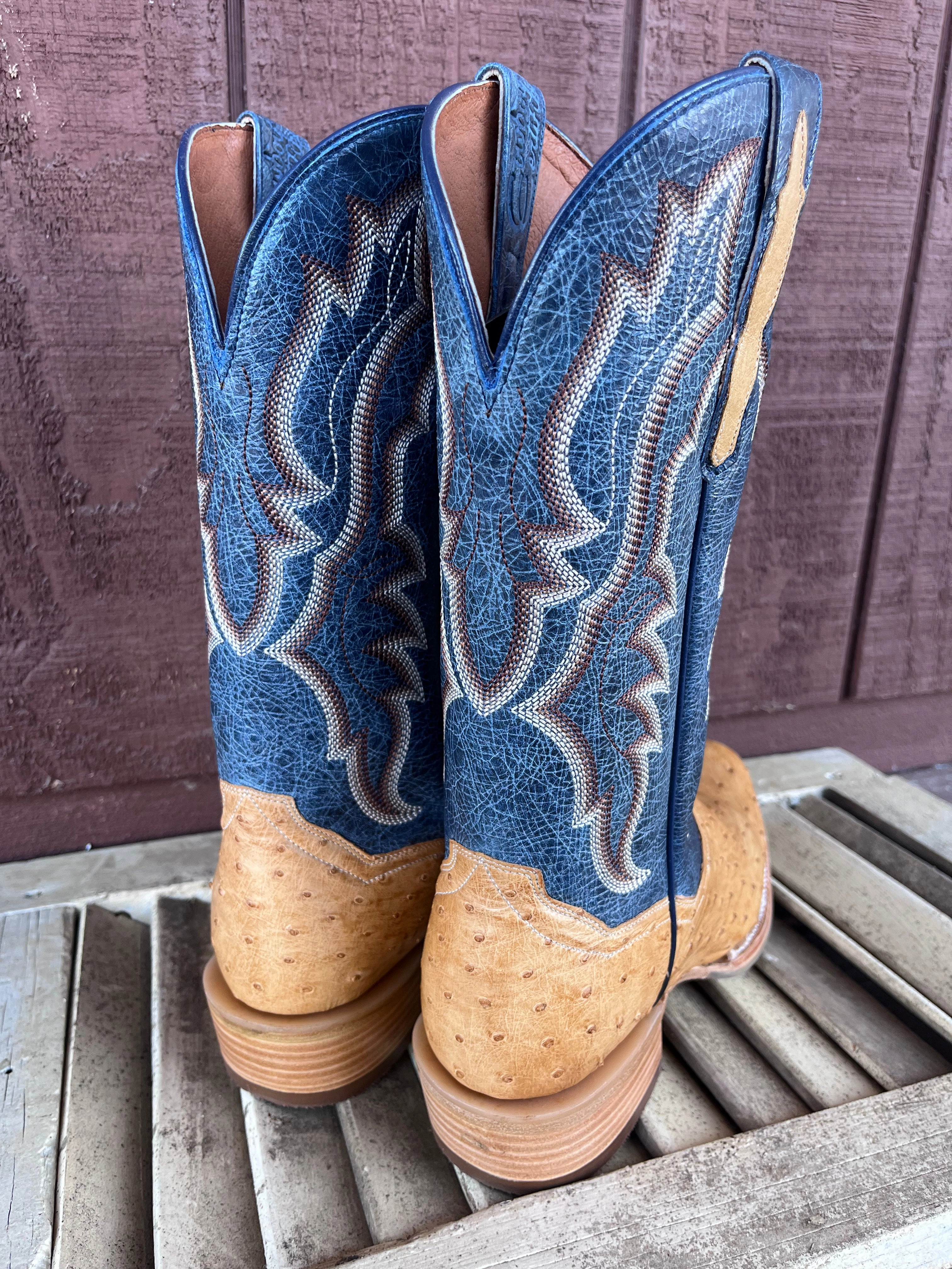 Fashionable Design Stain Resistant Dan Post Men's Tan Full Quill Ostrich & Blue Top Cutter Toe Cowboy Boots DP5191